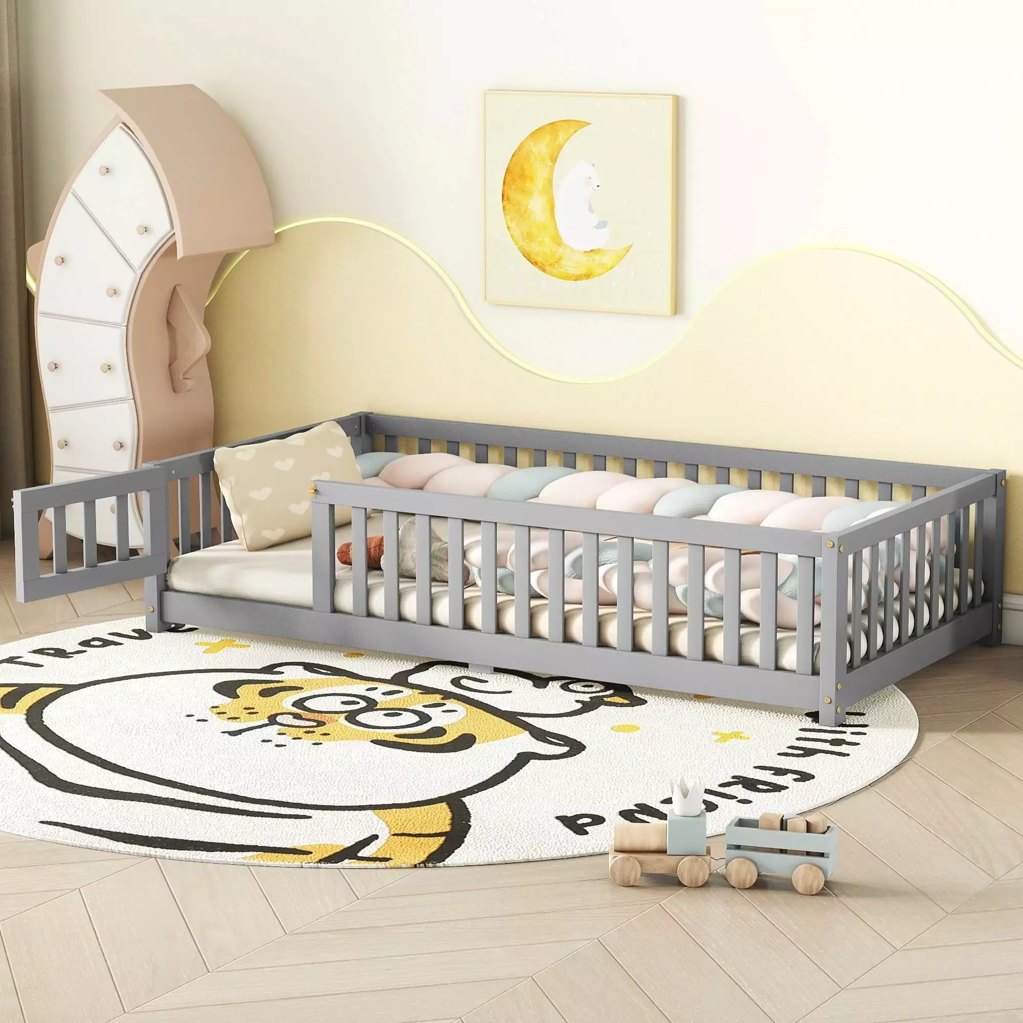 Bellemave Twin Size Floor Bed Door and Fence Toddler Bed Slats Sturdy Wood Montessori Bed Frame Kids Gray