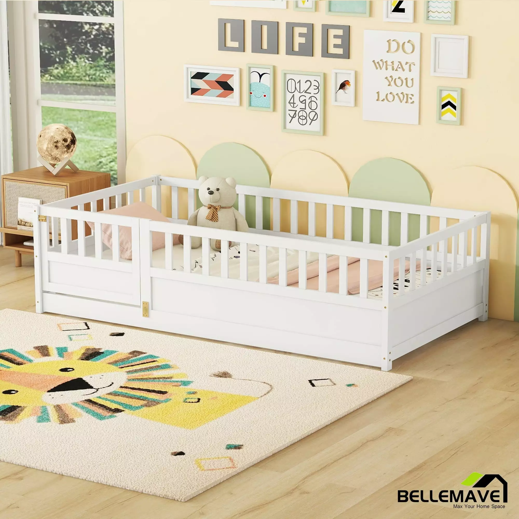 Bellemave Twin Size Floor Bed Door and High Fence Guardrails Toddler Montessori Bed Frame White