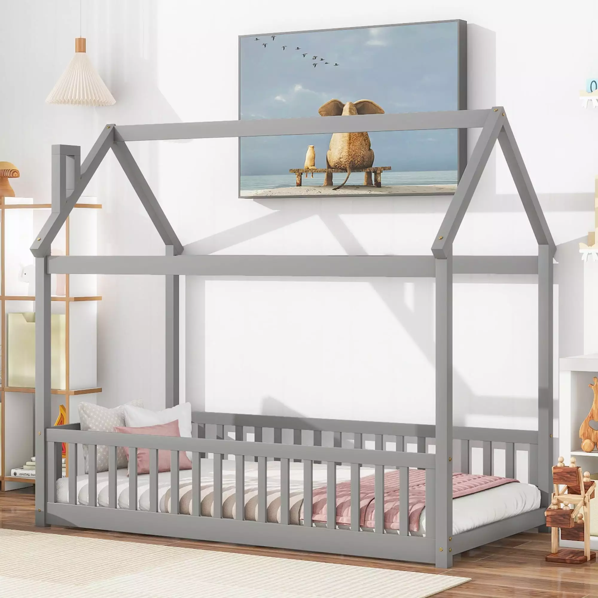 Bellemave Twin Size Floor House Bed Frame Fence Guardrails Montessori Bed Kids Toddlers Gray