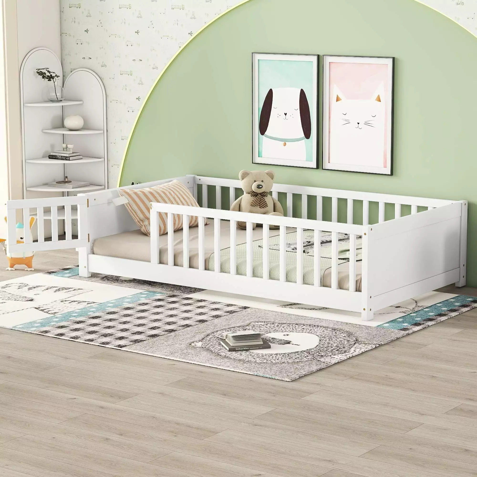 Bellemave Twin Size Floor Platform Bed Book Storage Rack Montessori Bed Frame Kids White Door
