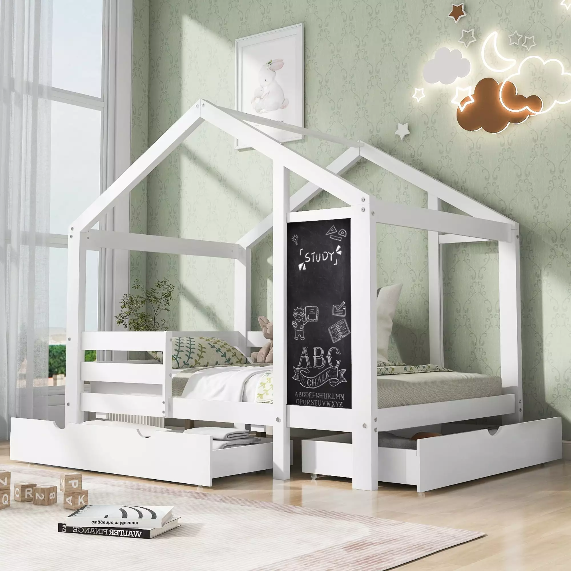 Bellemave Twin Size Houtilize Bed Storage Drawers Blackboard Playhoutilize Platform Bed Guardrails Montessori Bed Kids White