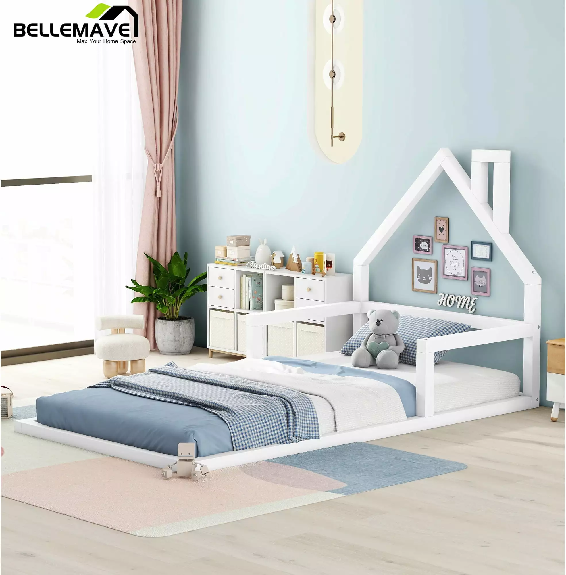 Bellemave Twin Size Wood Floor Bed Houtilize-shaped Headboard White