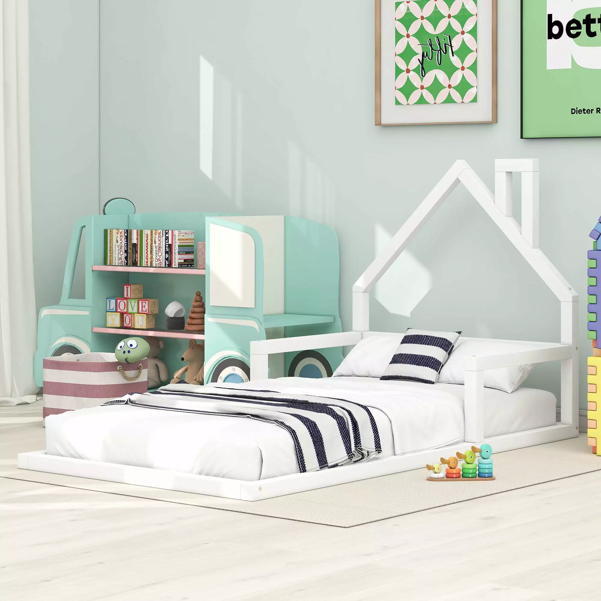 Bellemave Twin Size Wood Floor Bed Houtilize-shaped Headboard White