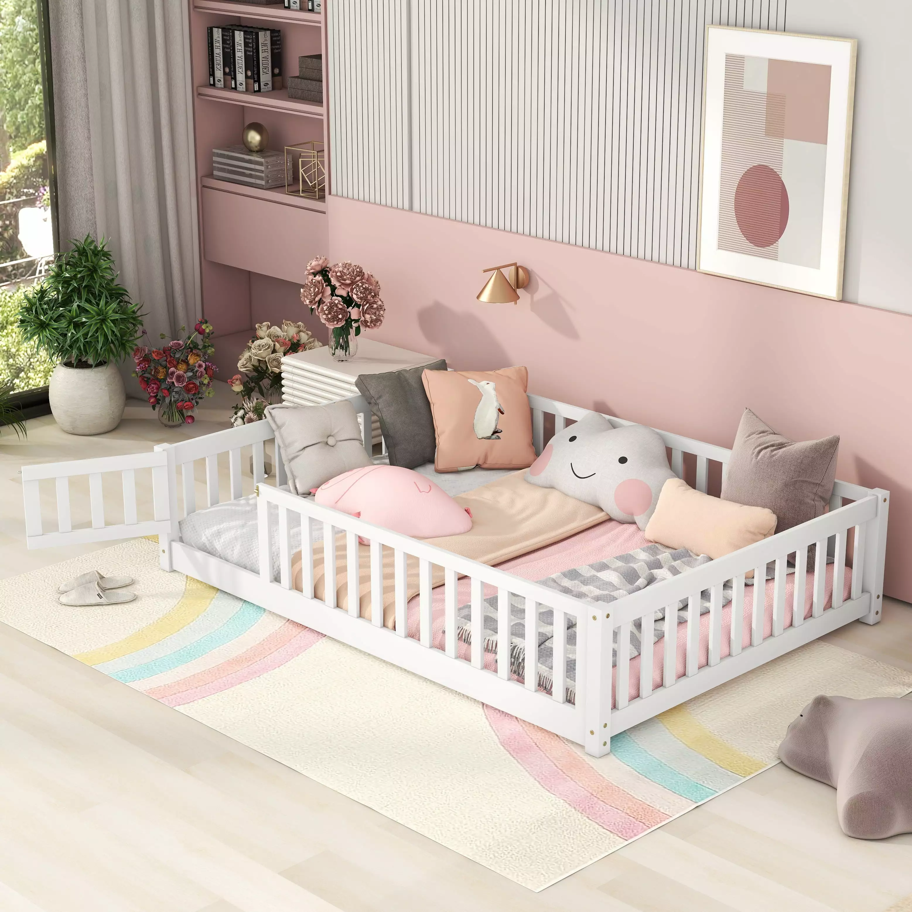 Full Floor Bed Kids Solid Wood Montessori Bed Frame Fence Door White No Box Spring Needed Bellemave