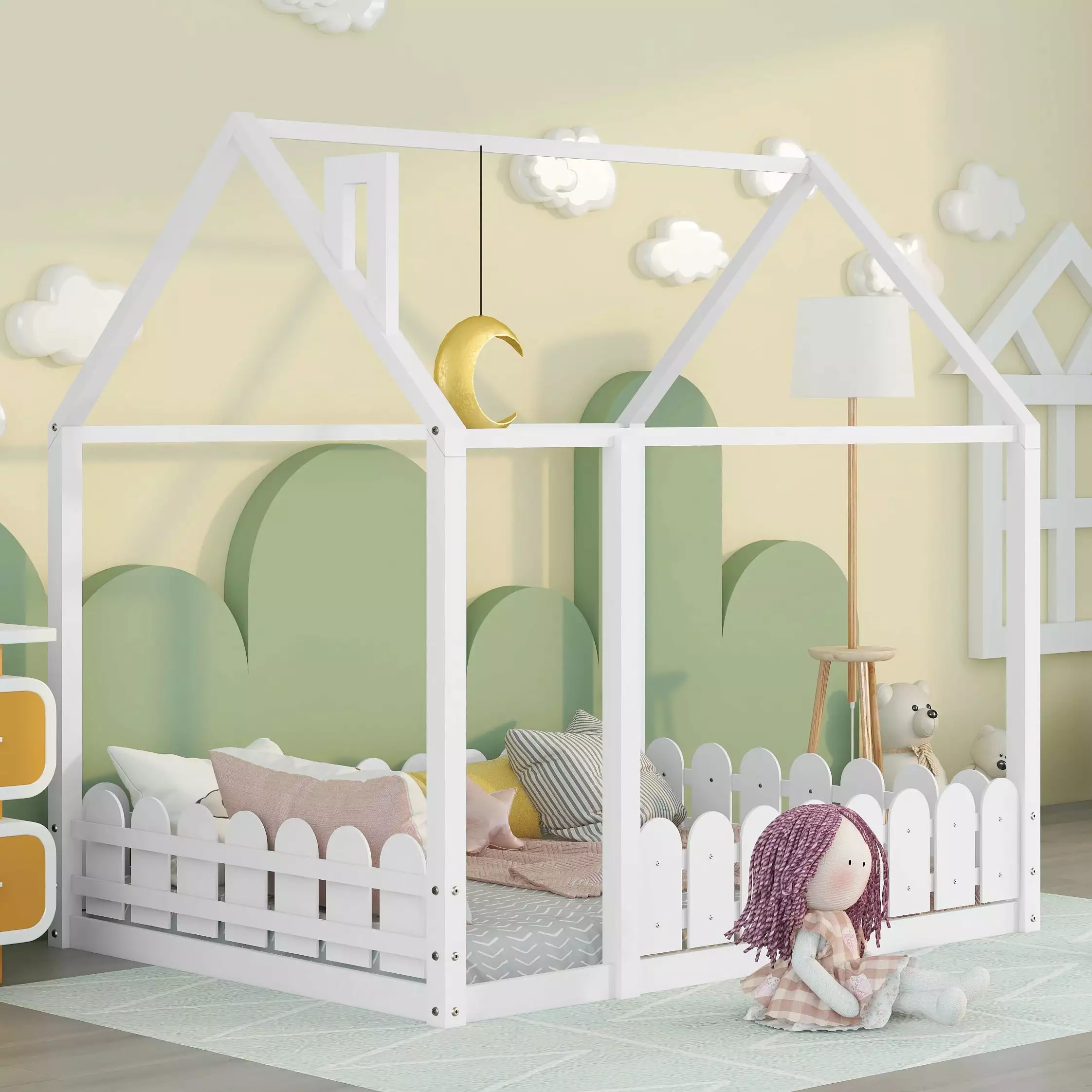 Full Size Montessori Toddler Bed Fence White Wood Houtilize Floor Bed Frame Bellemave