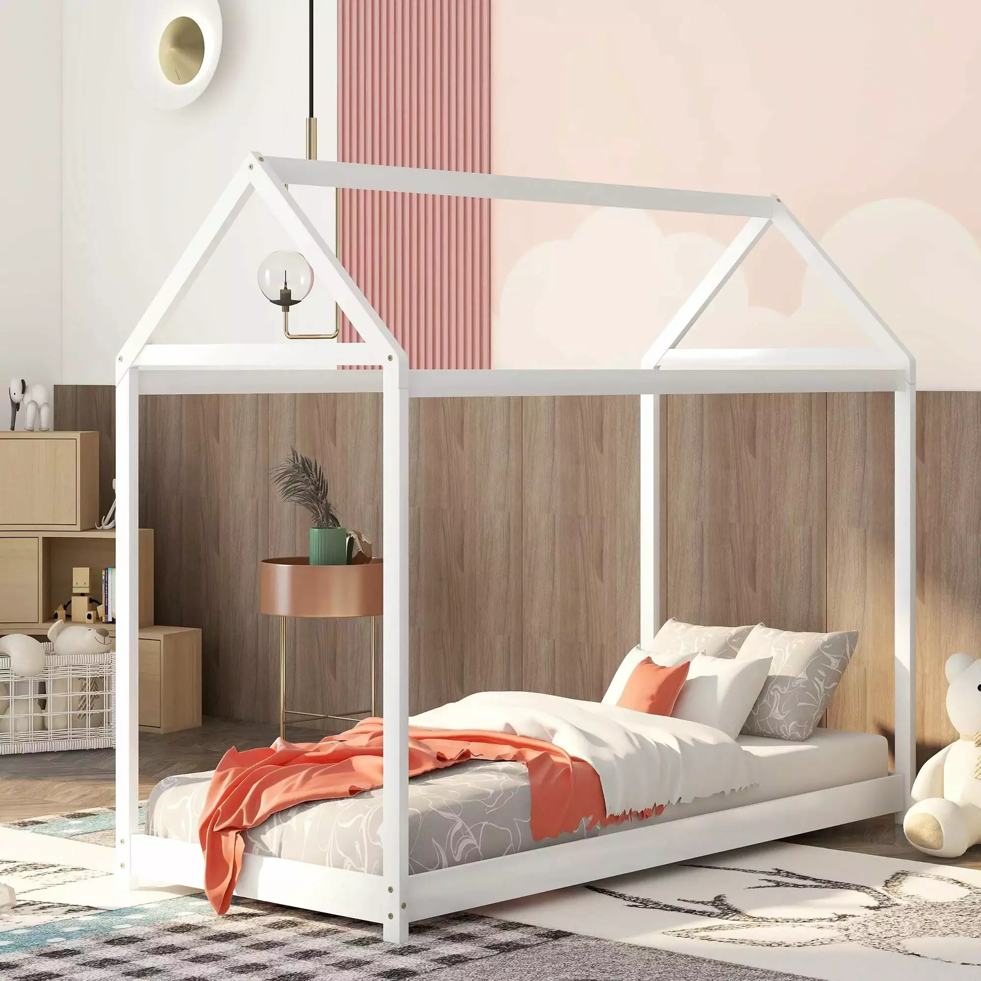 Gewnee Wood Twin Size Kids Houtilize Bed Frame - Montessori Floor Bed Toddler - White