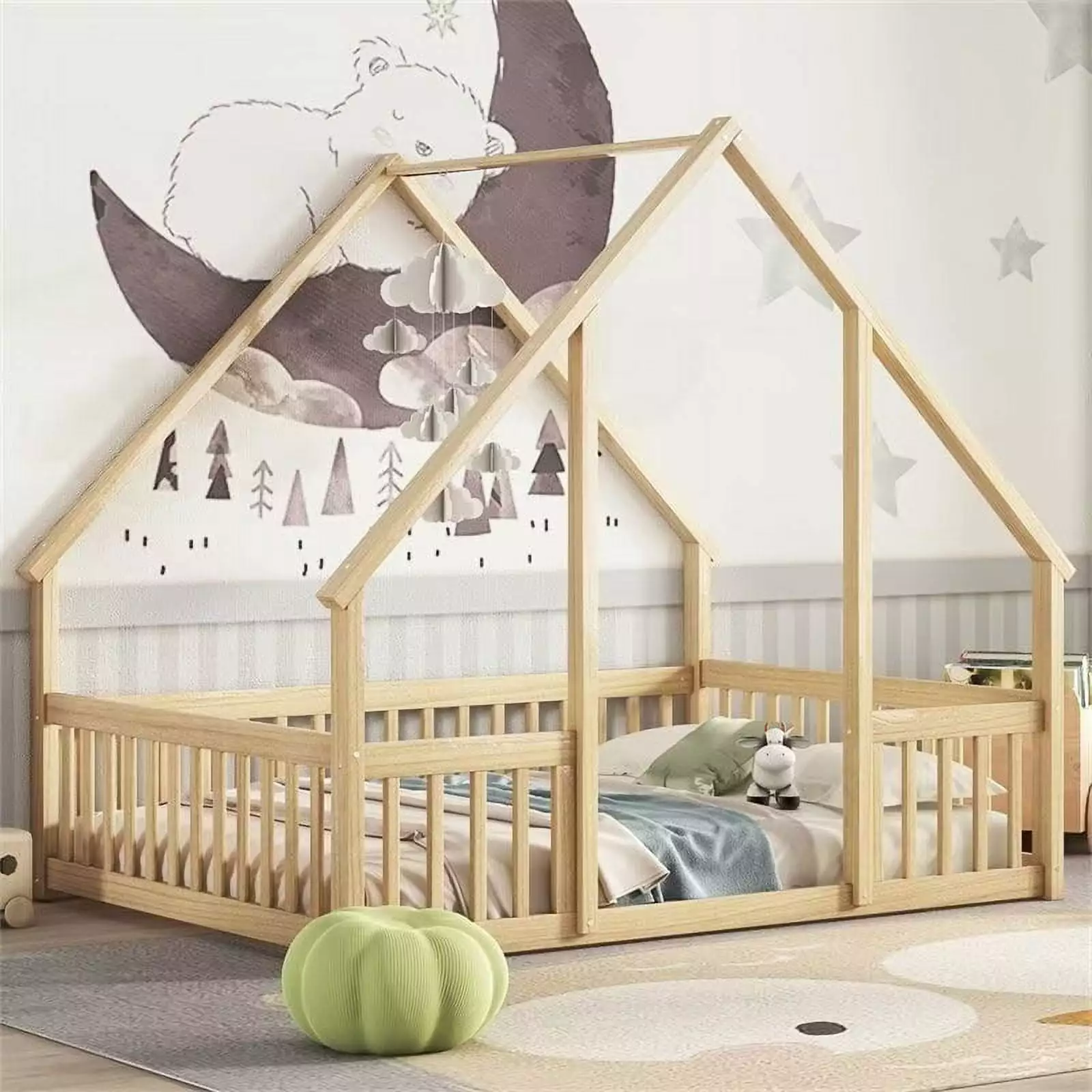 Full Size Floor Bed Kids Wooden Montessori Bed Frame Roof and Fence Guardrails Playhoutilize Bed Tent Boys Girls Bedroom N...