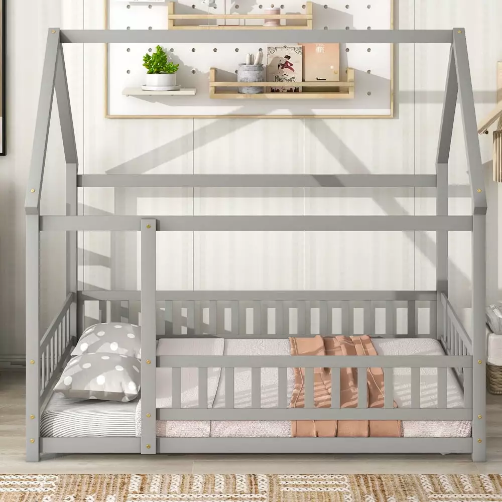 Full Size Houtilize Bed Solid Wood Montessori Floor Bed Kids Toddler Bed Frame Roof Design and Full-Length Guardrail Playh...