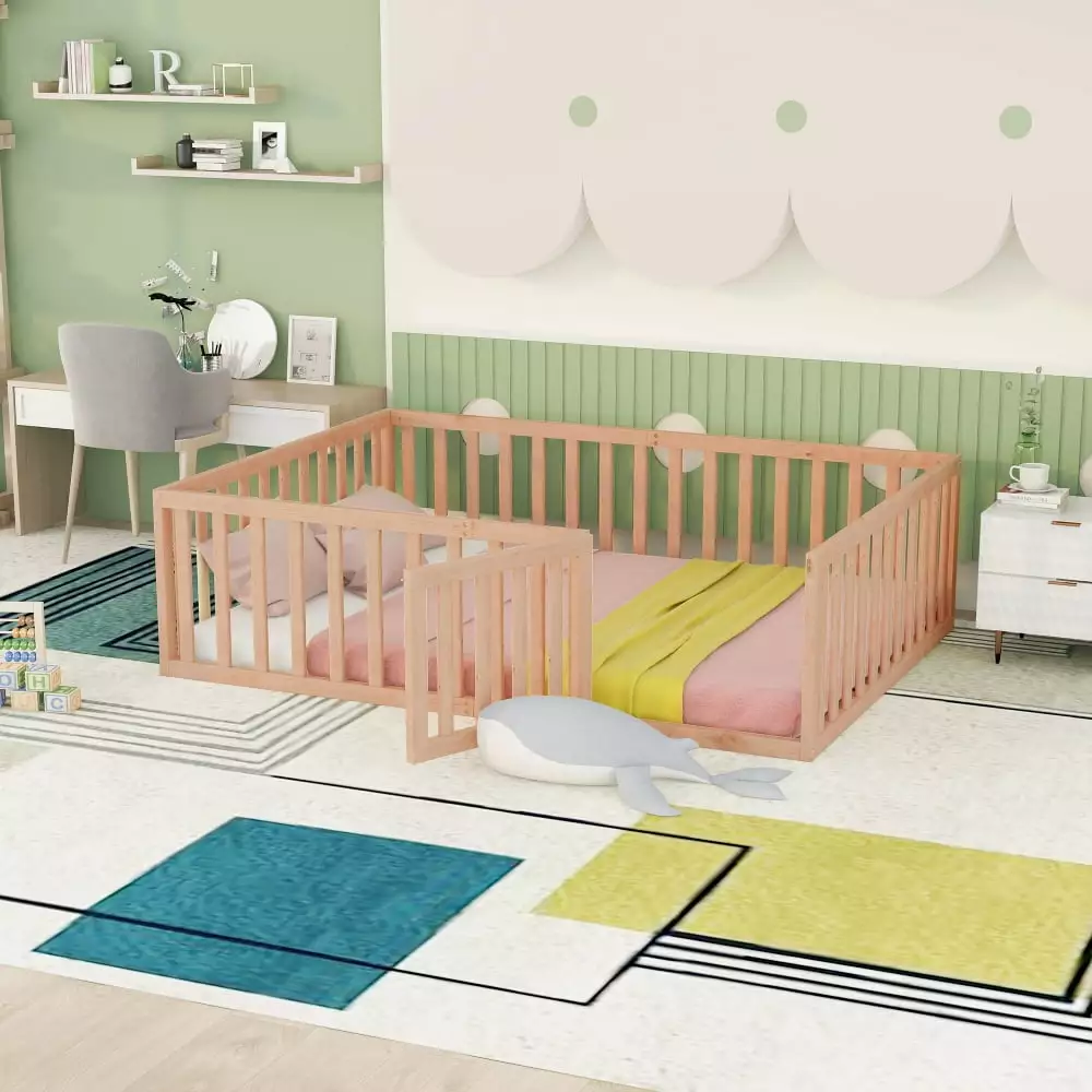 Full Size Montessori Floor Bed Frame Kids Solid Wood Fence Rail and Door Natural JINS & VICO