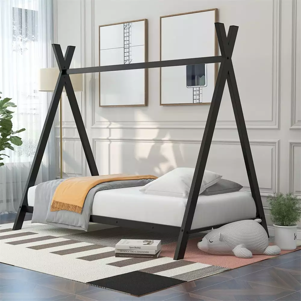 Twin Size Houtilize Bed Tent Frame Montessori Metal Slats Kids Girls Boys No Box Spring Black JINS & VICO