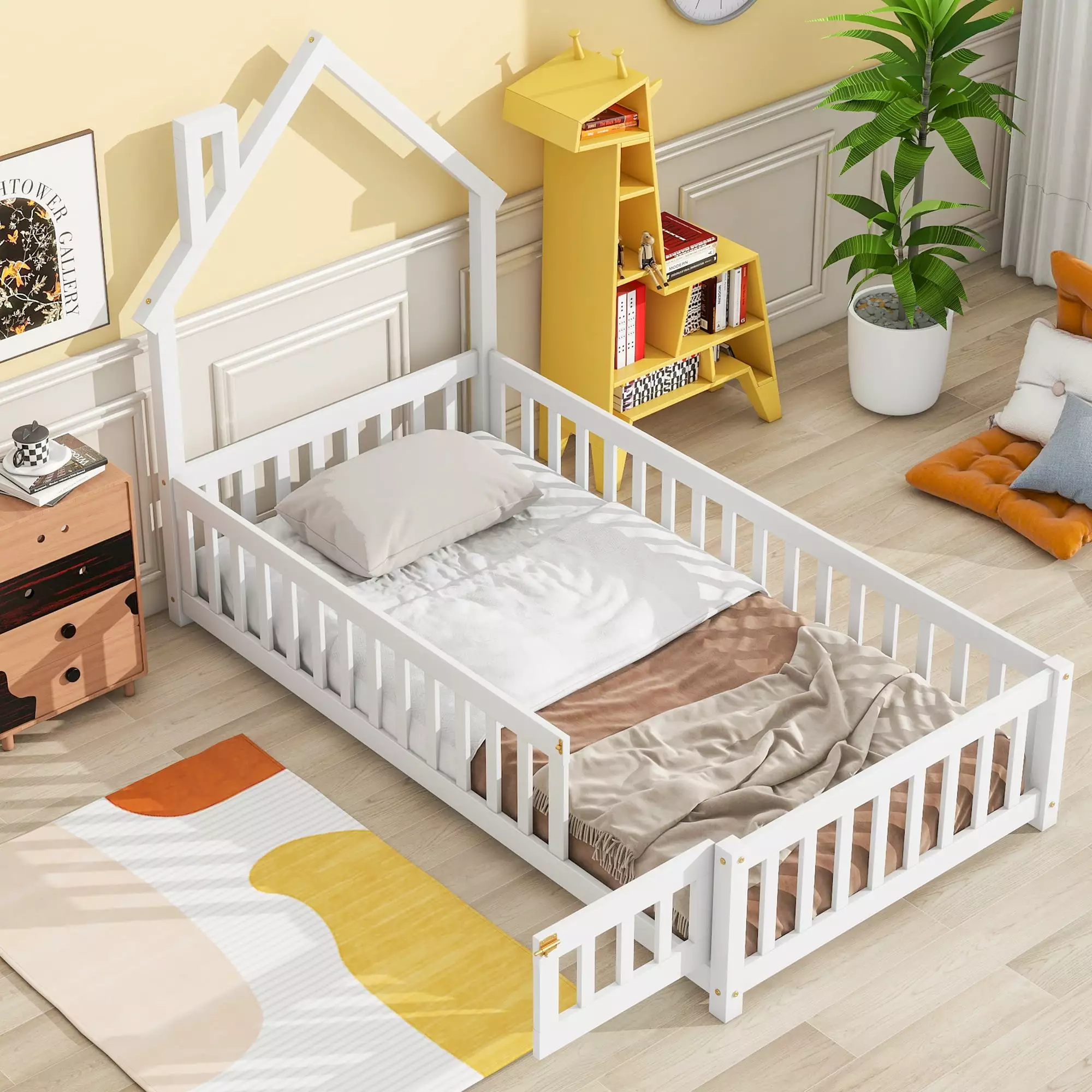 PAPROOS Twin Size Floor Bed Toddlers Wood Platform Houtilize-Shaped Headboard White