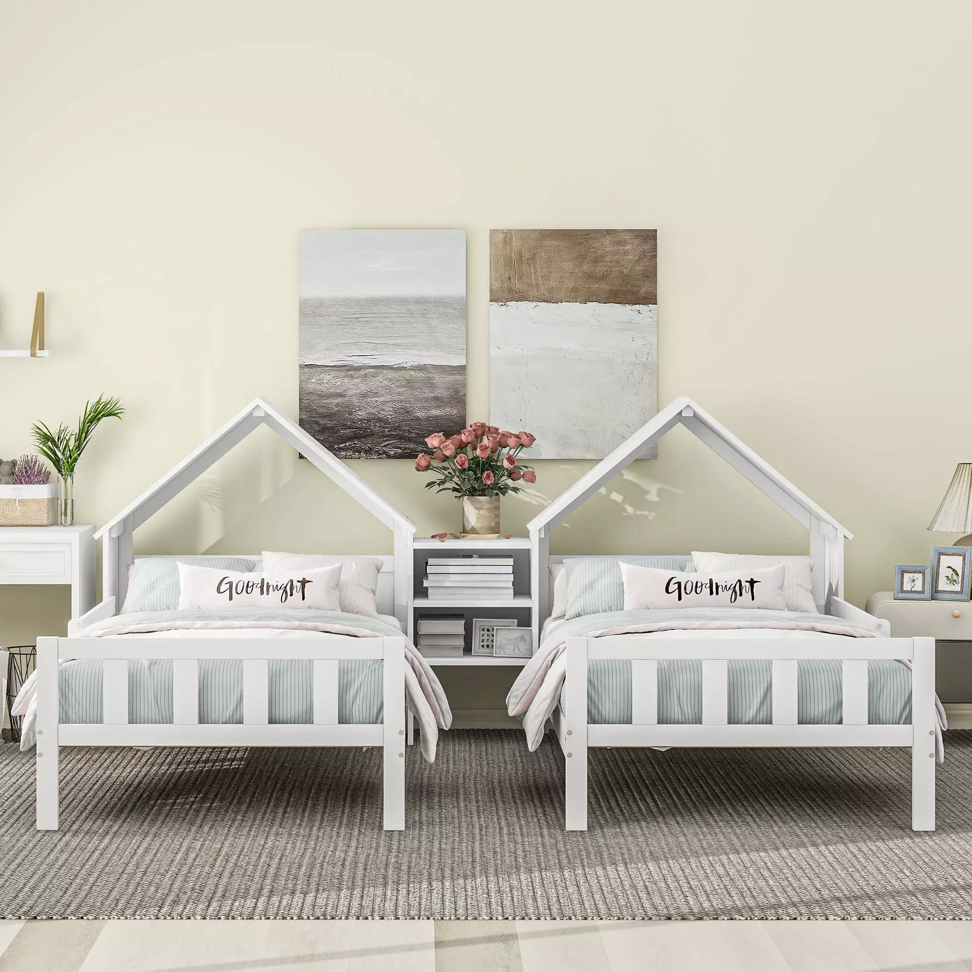 Double Twin Size Platform Bed Houtilize-Shaped Headboard and Built- Nightstand Wooden Montessori Bed Shared Bed Frame Stor...