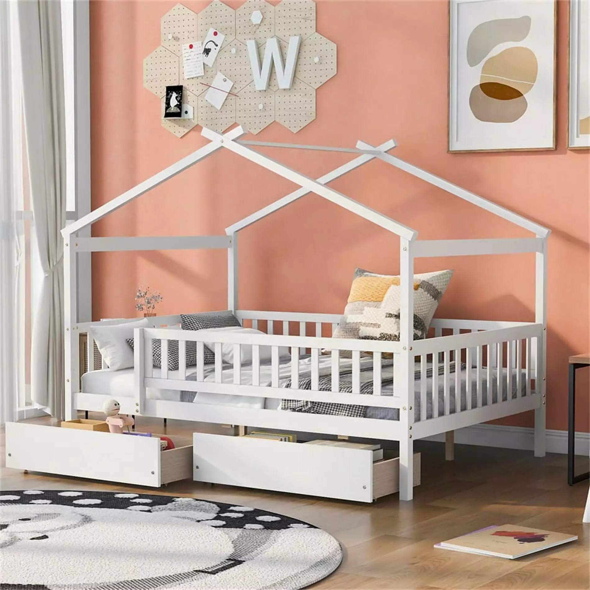 Full Houtilize Bed Kids Wooden Platform Bed Frame 2 Storage Drawers and Full Length Protectty Guardrails Montessori Bed Fr...