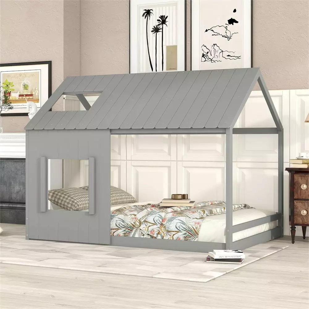 Full Size Floor Bed Montessori Bed Frame Slats Wooden Kids Houtilize Bed Roof and Window Toddler Kids Teens Boys and Girls...