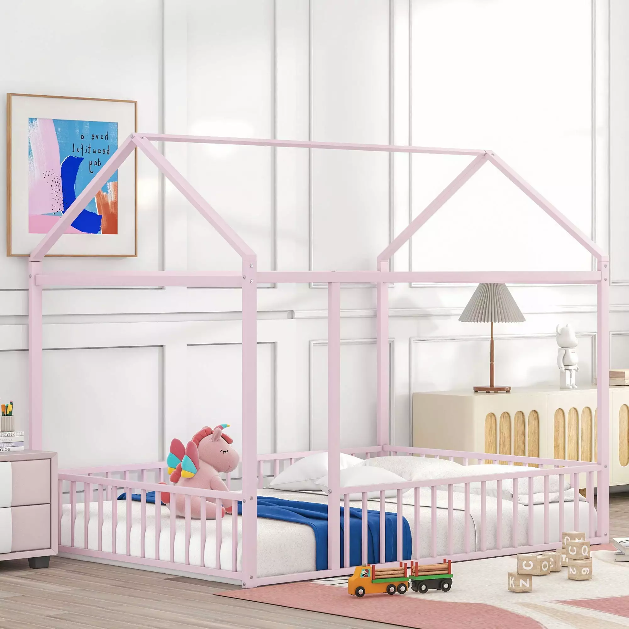 Full Size Montessori Floor Bed Children Roof and Fence Heavy Duty Metal Frame Pink Triple Tree