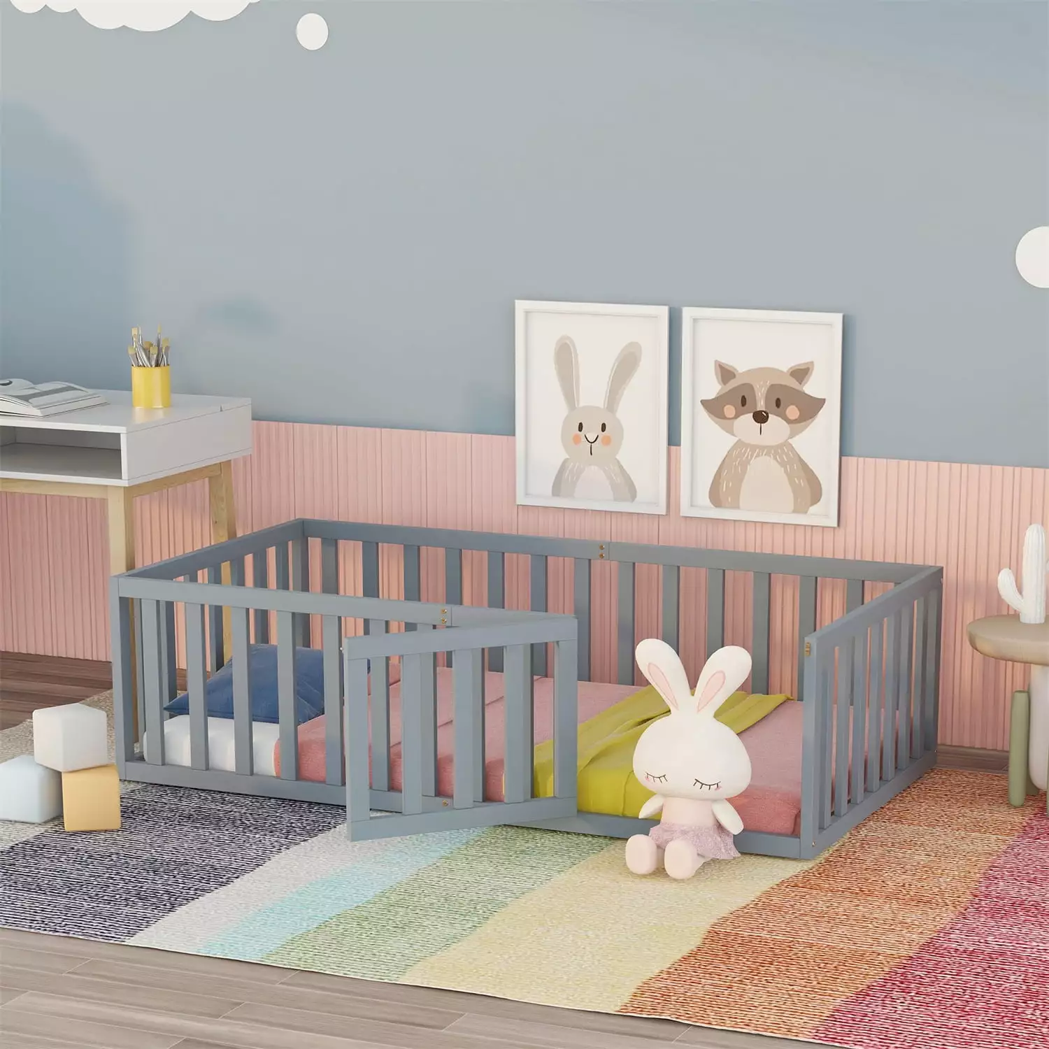 Twin Size Floor Bed Kids - Solid Wood Platform Bed Frame Fence-Shaped Guardrails - Montessori Bed Frame Bedroom Playroom -...