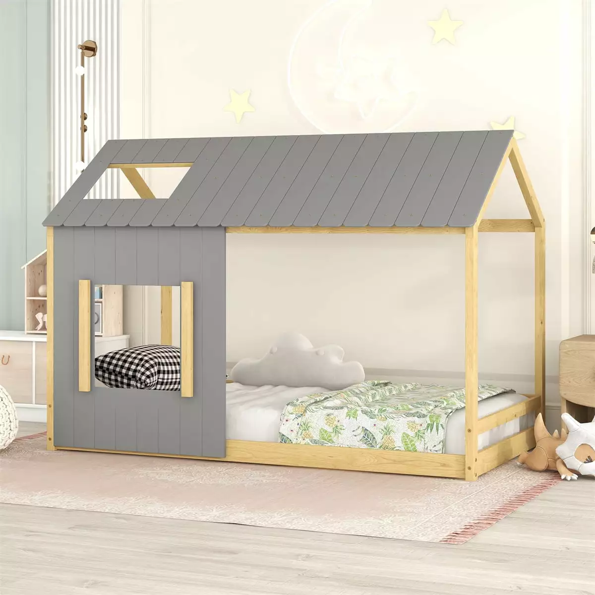 Twin Size Kids Houtilize Bed Montessori Floor Bed Roof and Window Gray Natural Triple Tree