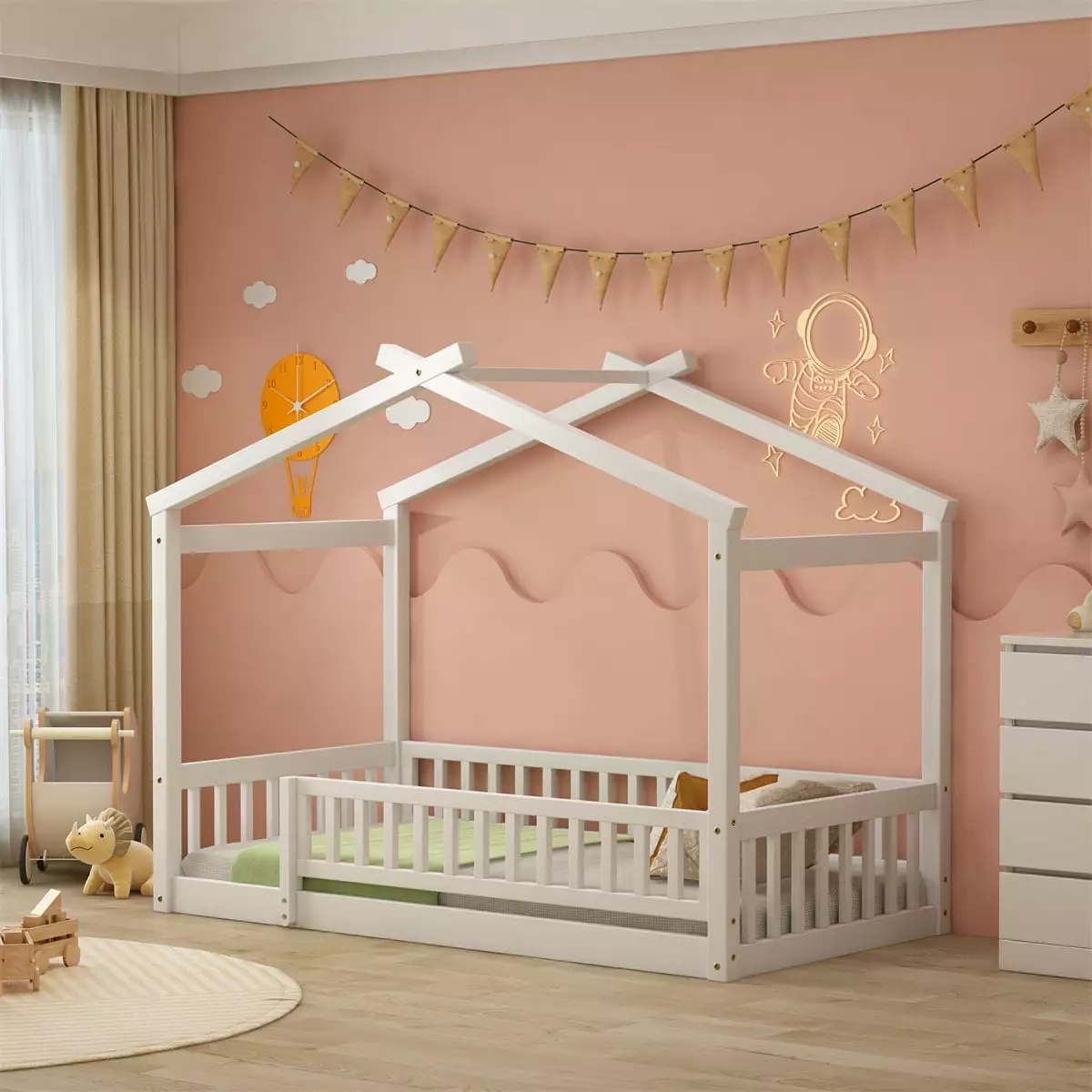 Twin Size Wood Bed Houtilize Bed Roof and Fence Guardrails Wood Playhoutilize Tent Bed Frame Montessori Bed Teens Girls Bo...