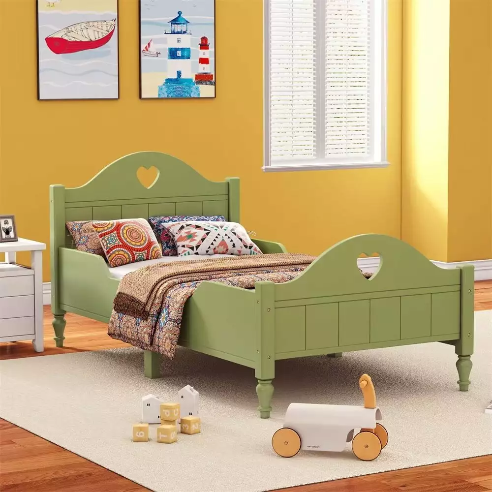Twin Toddler Bed Side Rails Olive Green Wooden Montessori Platform Bed Headboard and Footboard Triple Tree