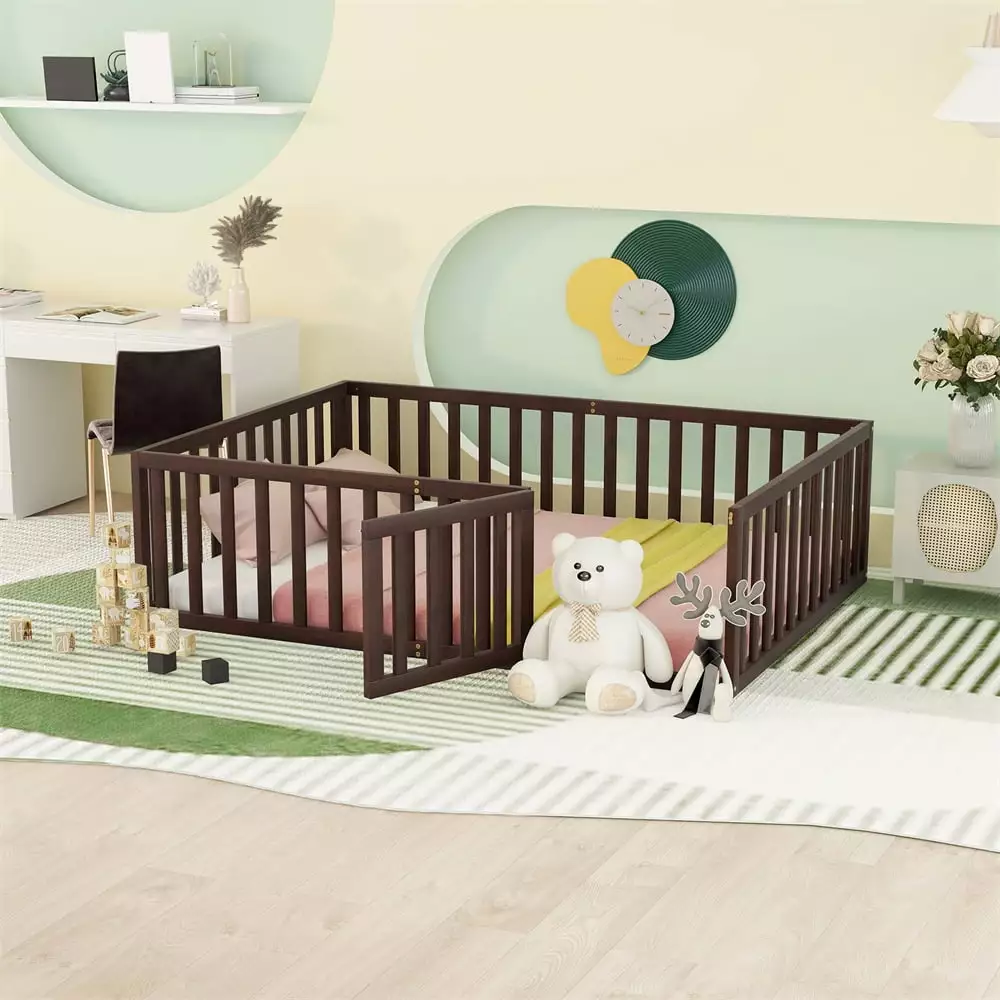 Walnut Full Size Montessori Floor Bed Frame Fence Guardrails Small Door Toddlers Teens Adults Triple Tree