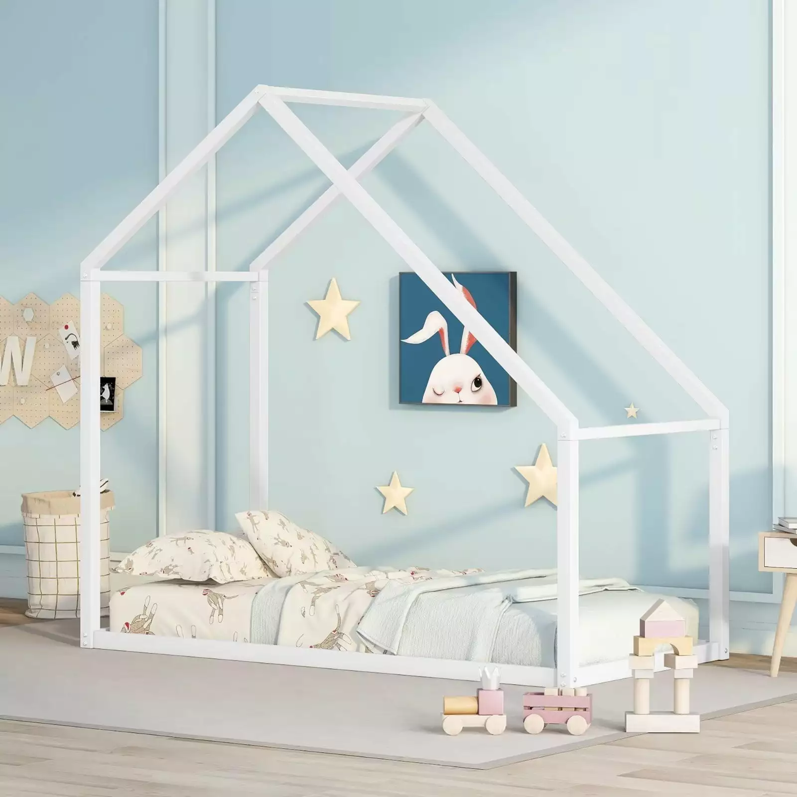 White Twin Size Houtilize Floor Bed Roof Kids and Teens Triple Tree
