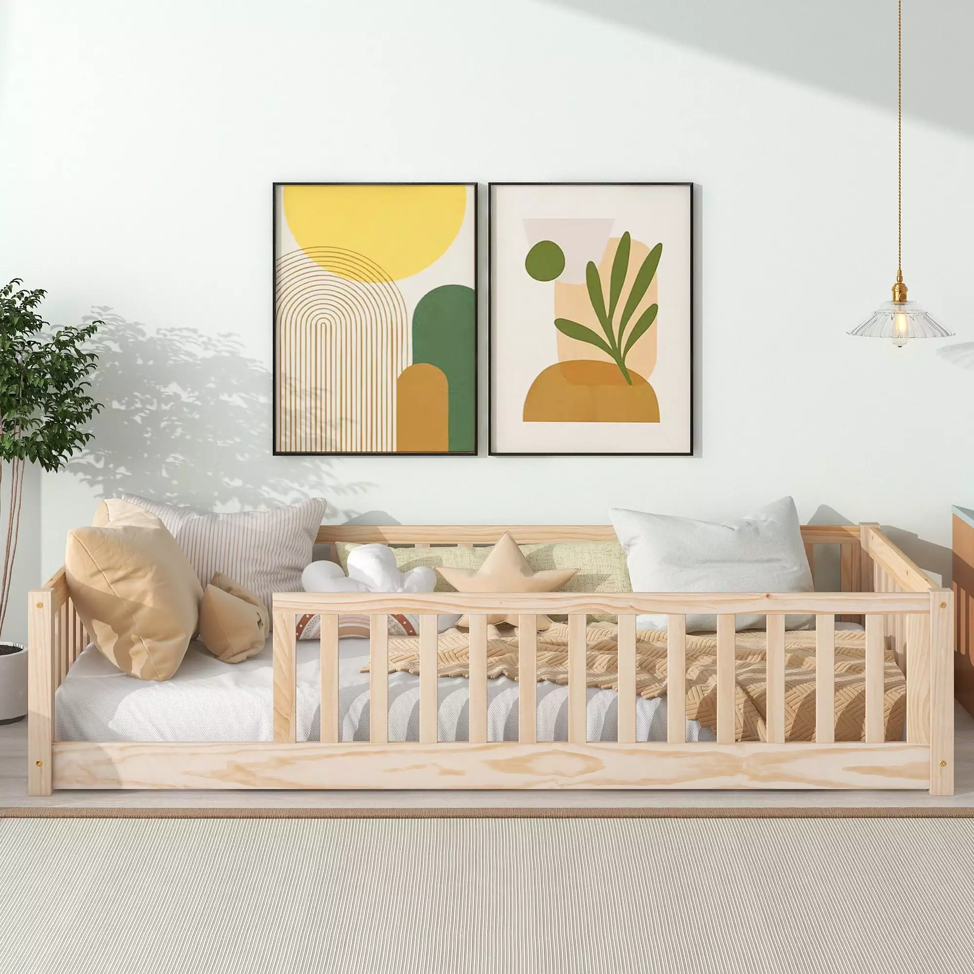 Uhomepro Twin Size Floor Bed Kids Fence-Shaped Guardrails Natural