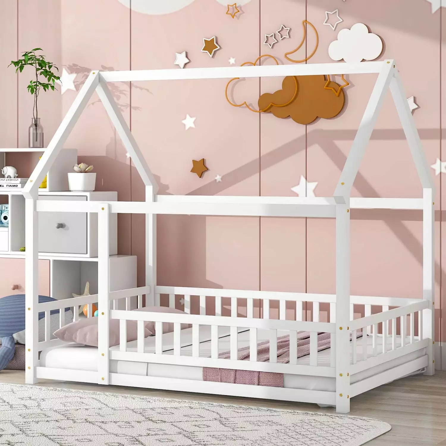 Full Floor Bed Kids Roof and Fence Guardrails - Montessori Toddler Bed White ARCTICSCORPION