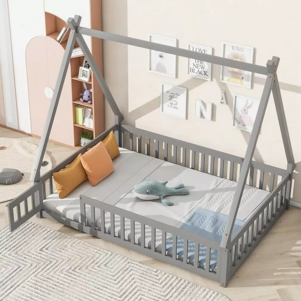 Full Size Floor Bed Kids Tent-Shaped Full Teepee Bed Frame Fence Guardrails Montessori ARCTICSCORPION