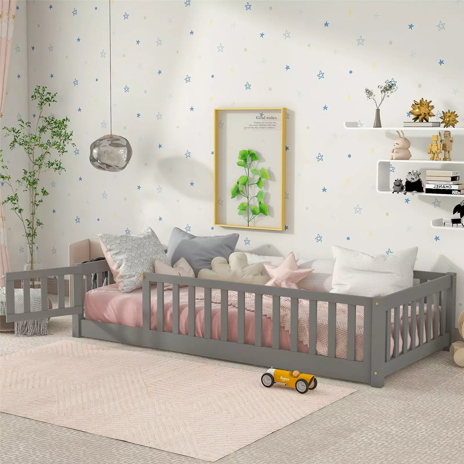 Twin Size Floor Bed Frame Solid Wood Protectty Fence Montessori Bed Kids Grey ARCTICSCORPION