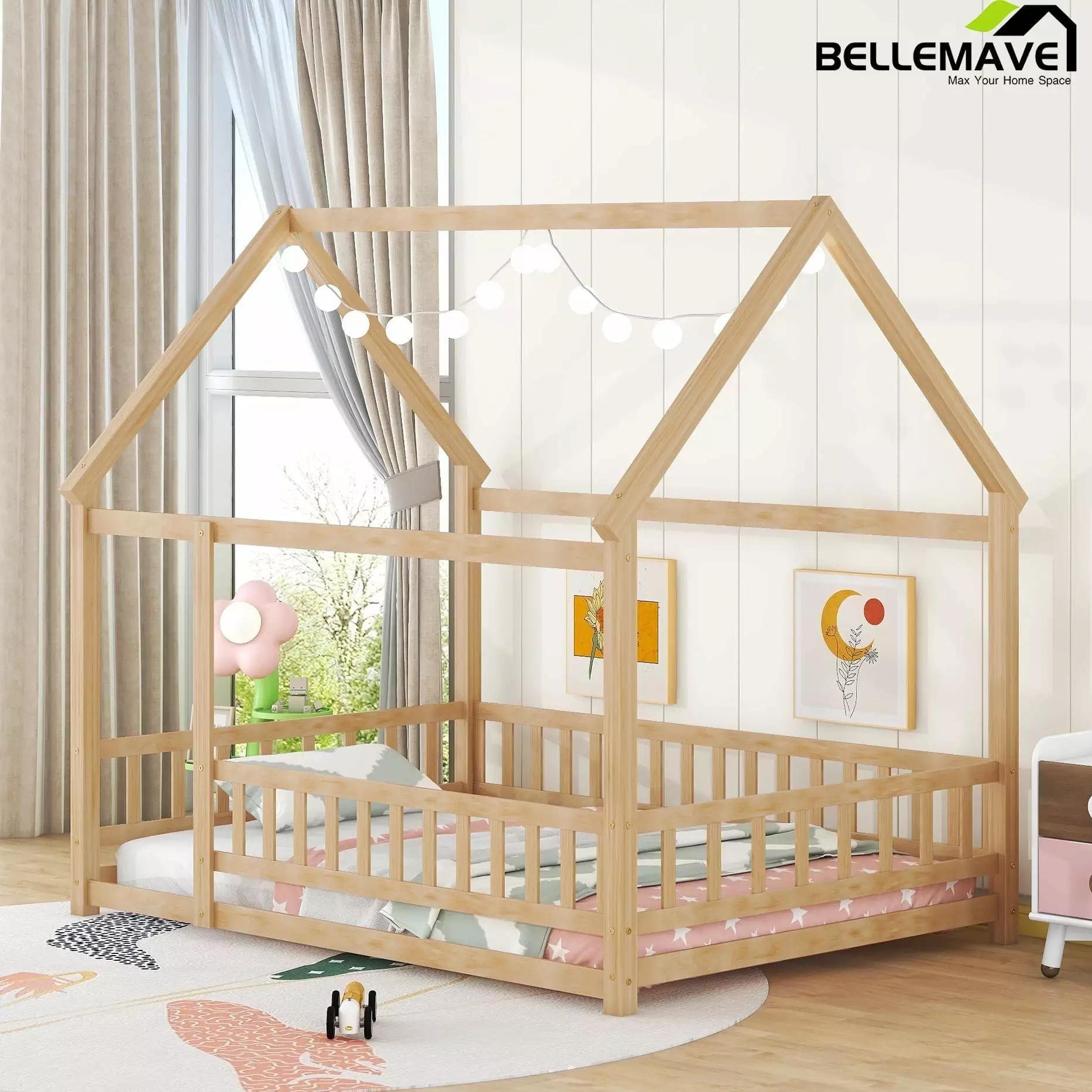 Bellemave Full Floor Bed Kids Fence - Montessori Toddler Bed Frame Natural Wood