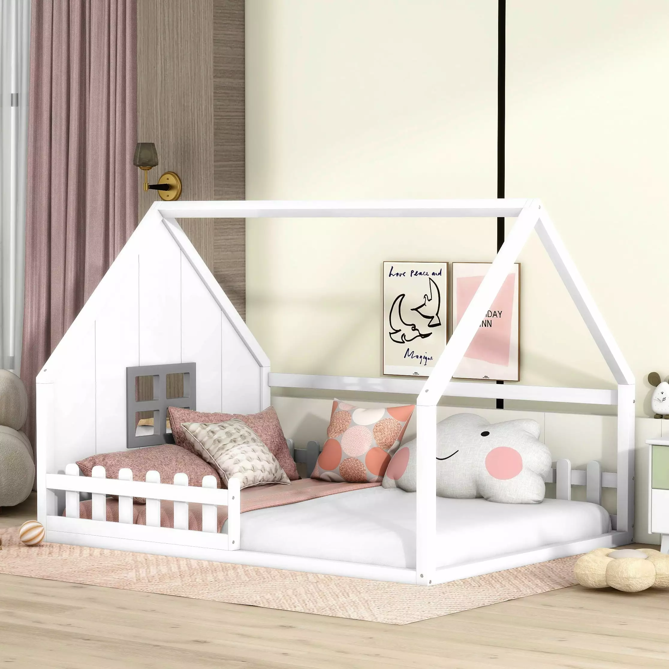 Bellemave Full Size Houtilize Wooden Montessori Floor Bed Window Toddler Kids Boys Girls No Box Spring Required White