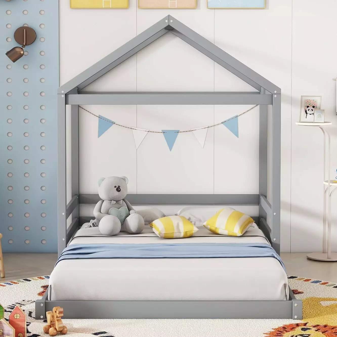 Bellemave Full Size Montessori Floor Bed Houtilize Headboard and Guardrail Gray