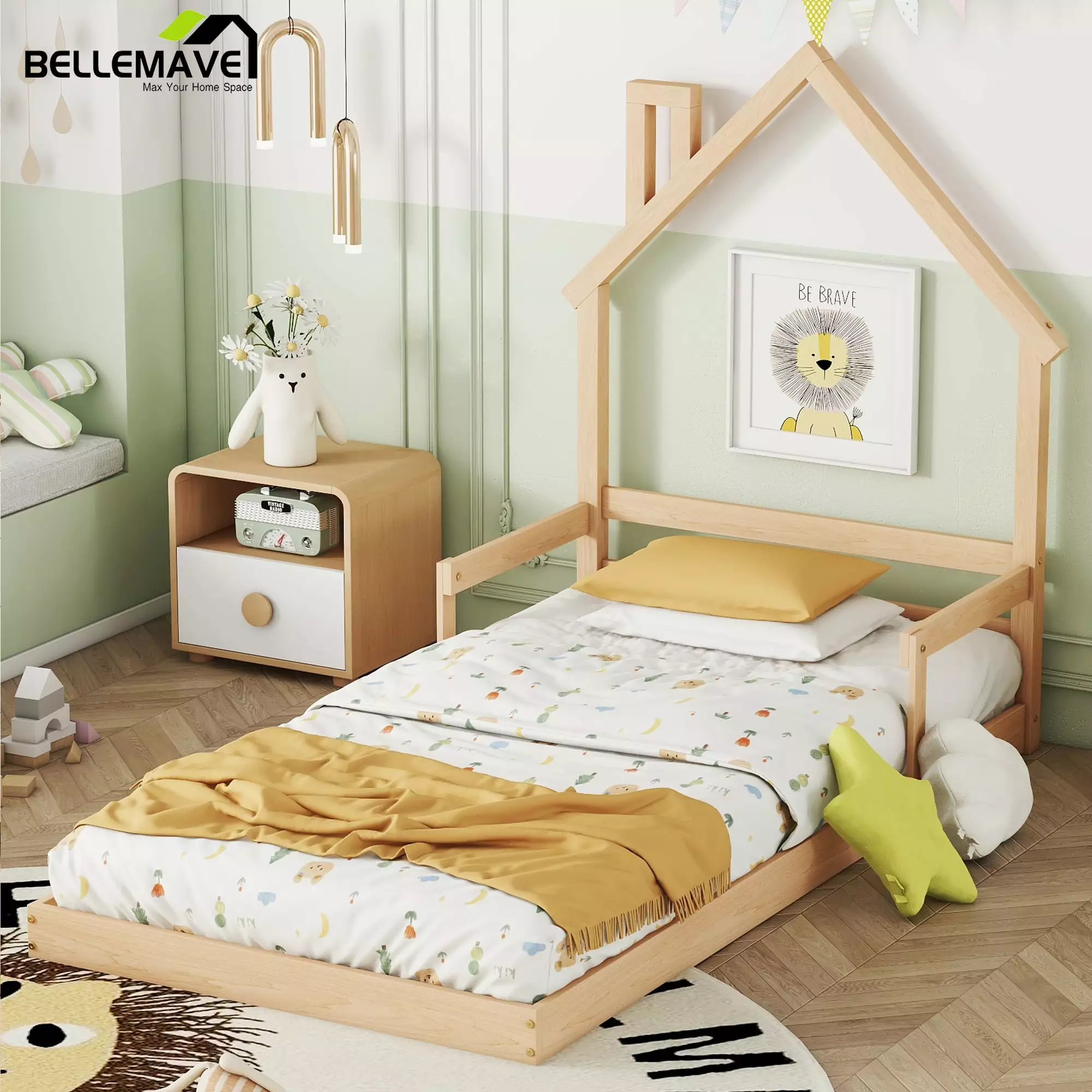 Bellemave Twin Size Floor Bed Houtilize-shaped Headboard and Handrails Twin Wood Bed Frame Wooden Slats Montessori Houtili...