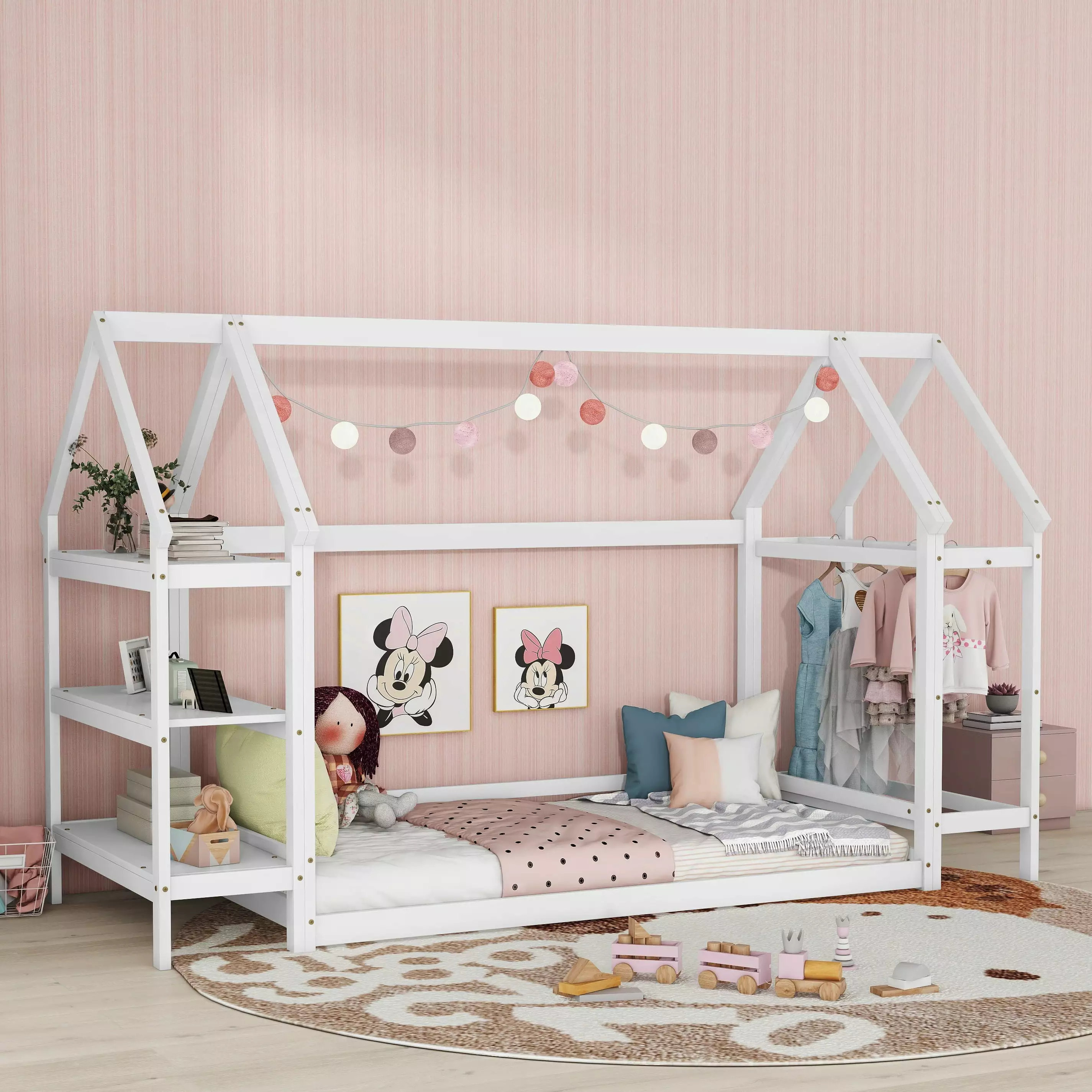 Bellemave Twin Size Montessori Floor Bed Detachable Shelves and Hanging Rod