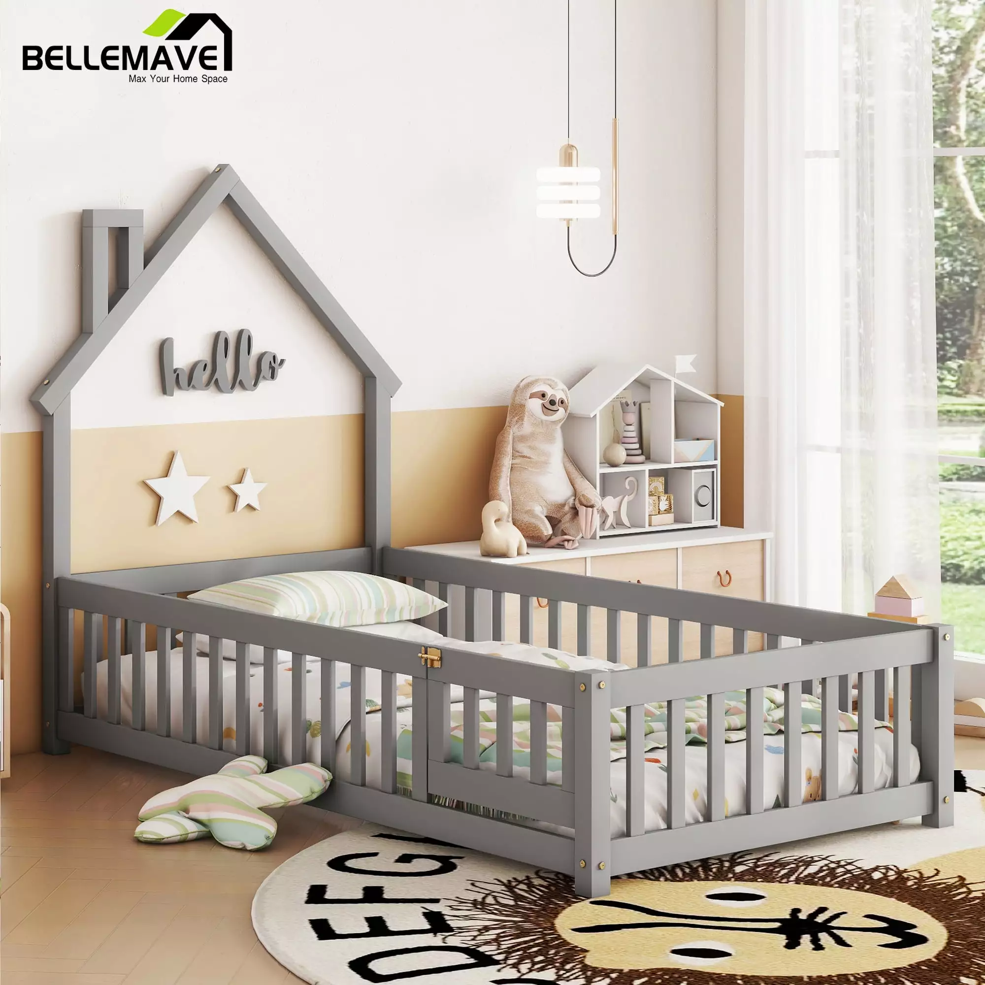 Bellemave Twin Size Montessori Floor Bed Fence Guardrails and Door Gray