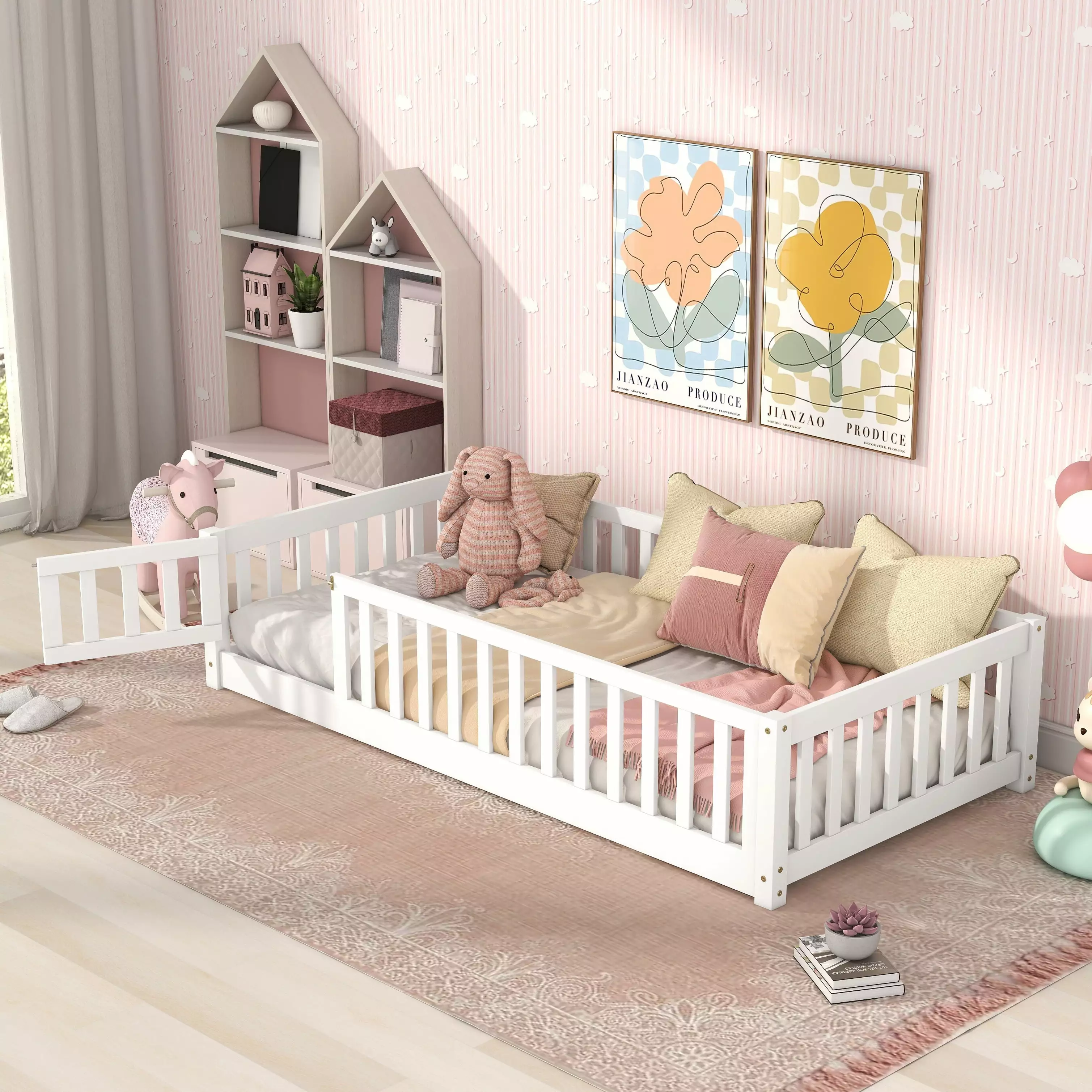 Bellemave Twin Size Montessori Floor Bed Fence Railings White