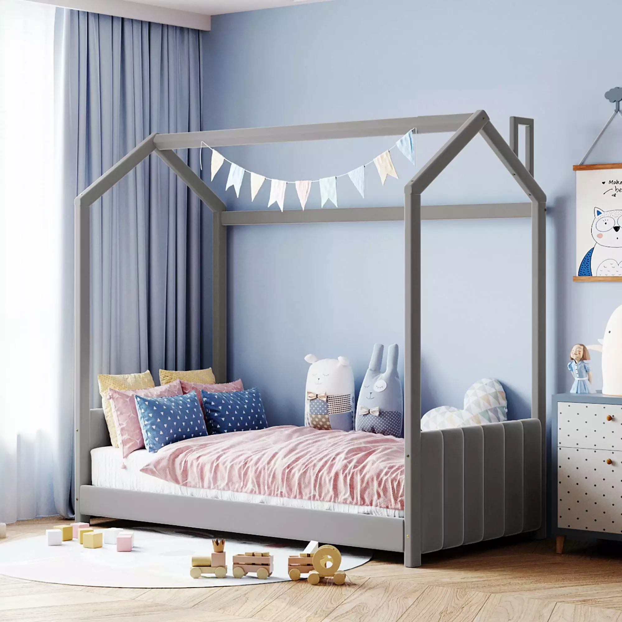 Bellemave Twin Size Velvet Montessori Floor Bed Headboard and Footboard Toddlers Grey