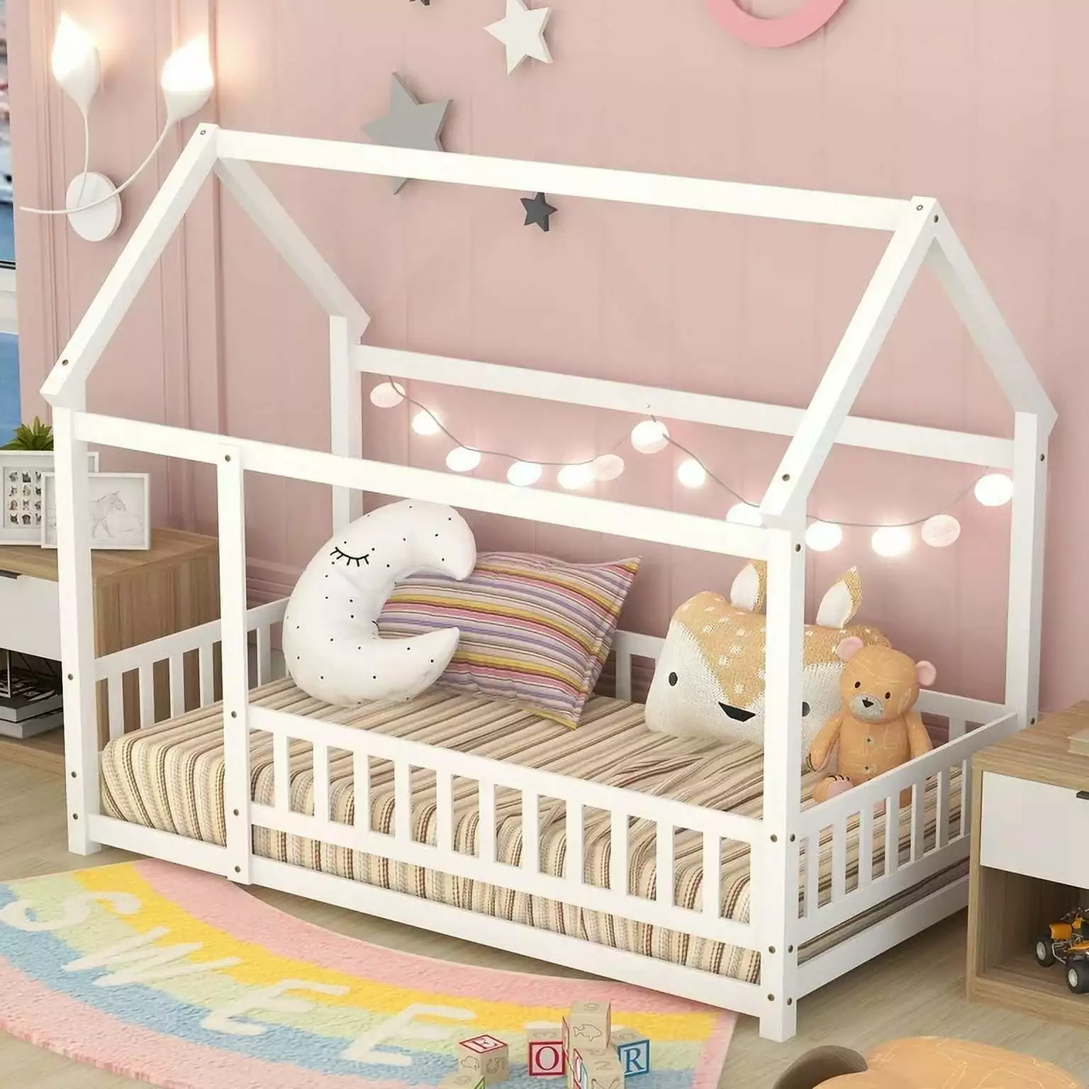 Twin Size Houtilize Montessori Floor Bed Fence Guardrails White Bellemave