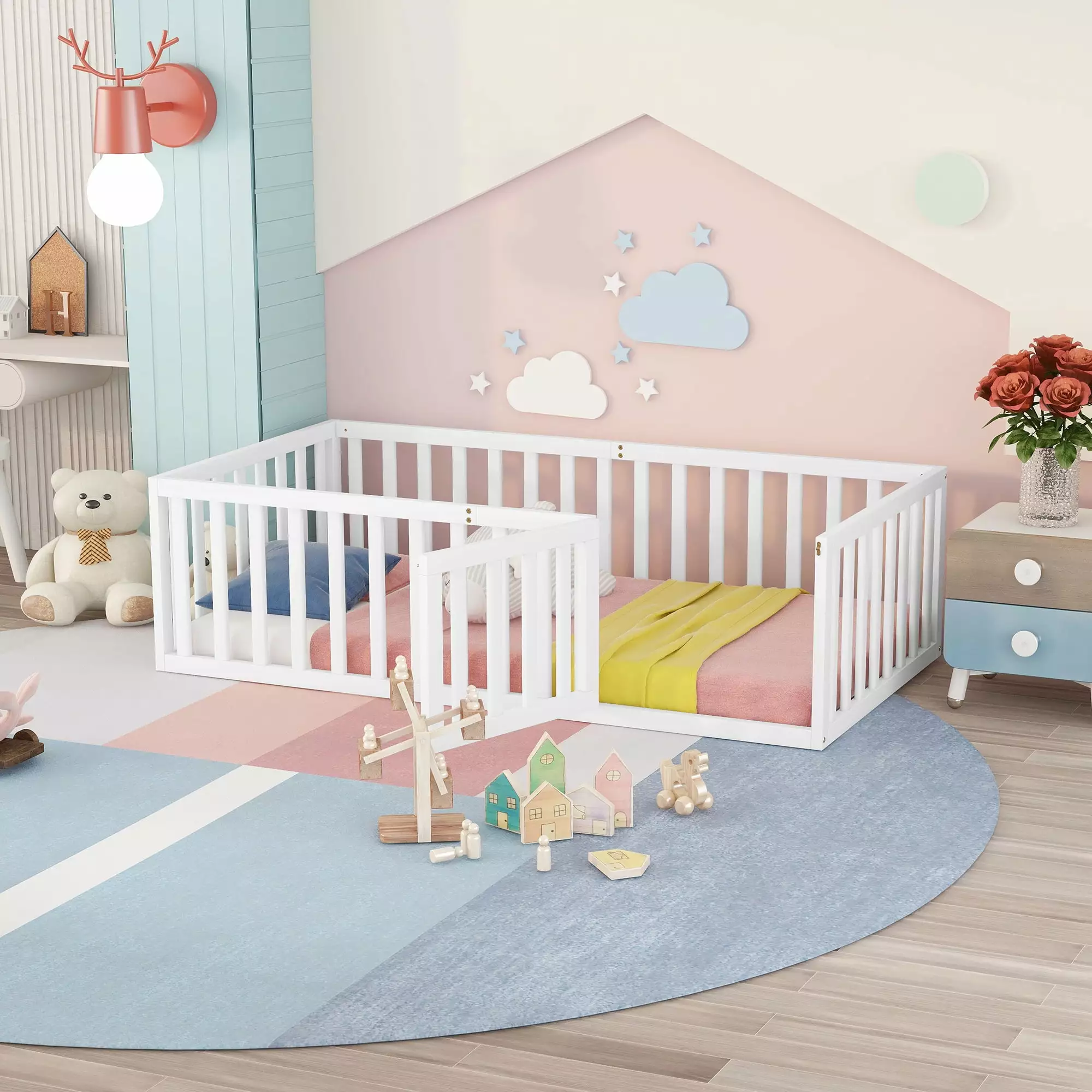 CITYLE Twin Size Montessori Floor Bed Kids Fence and Door White