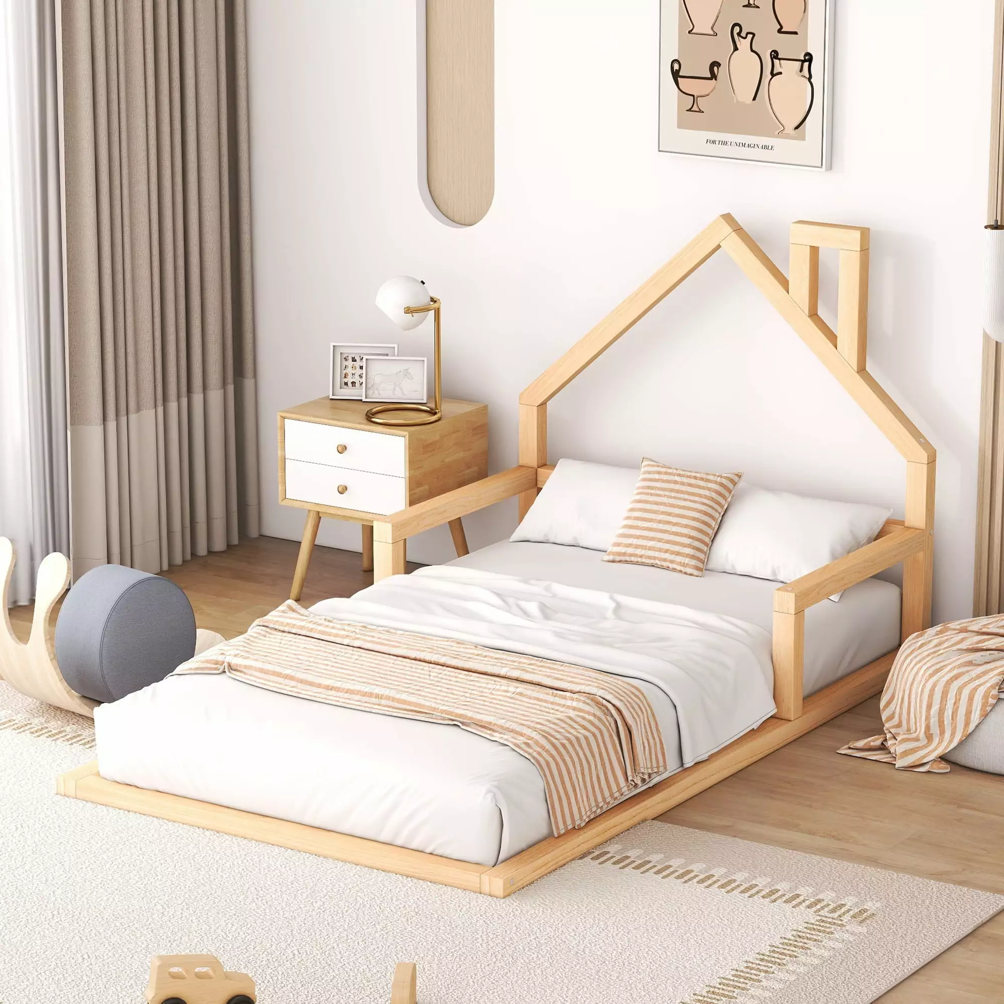 Euroco Twin Size Wood Montessori Floor Bed Kids Room Natural
