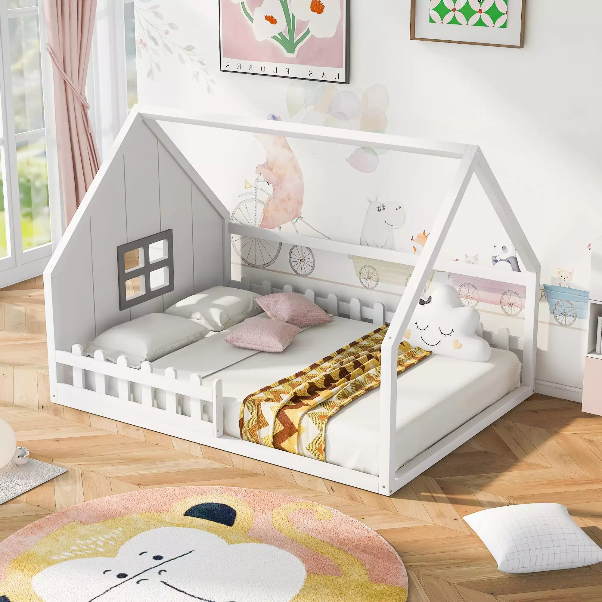 Gewnee Full Size Wooden Montessori Floor Bed Fence and Window Toddler Kids White