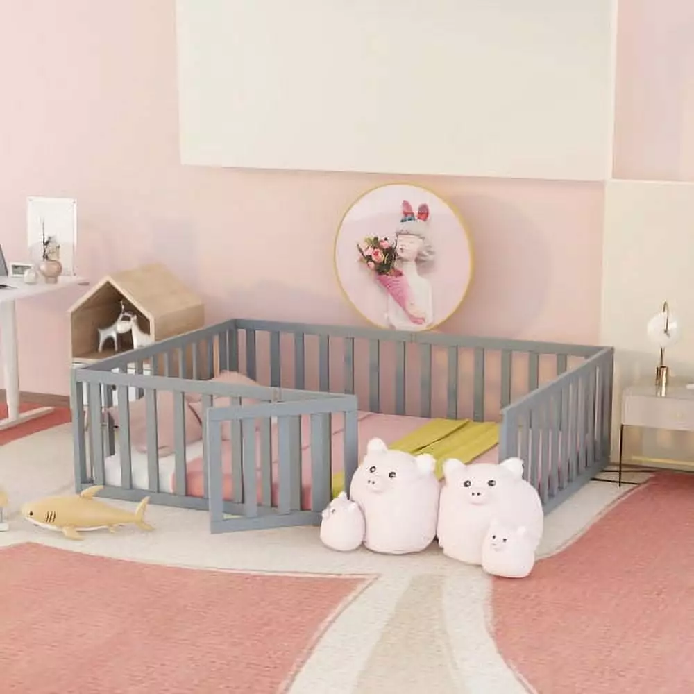 Full Size Floor Bed Kids Wood Montessori Bed Frame Fence Guardrails Support Slats Playhouse Bed Door Design Gray INCLAKE