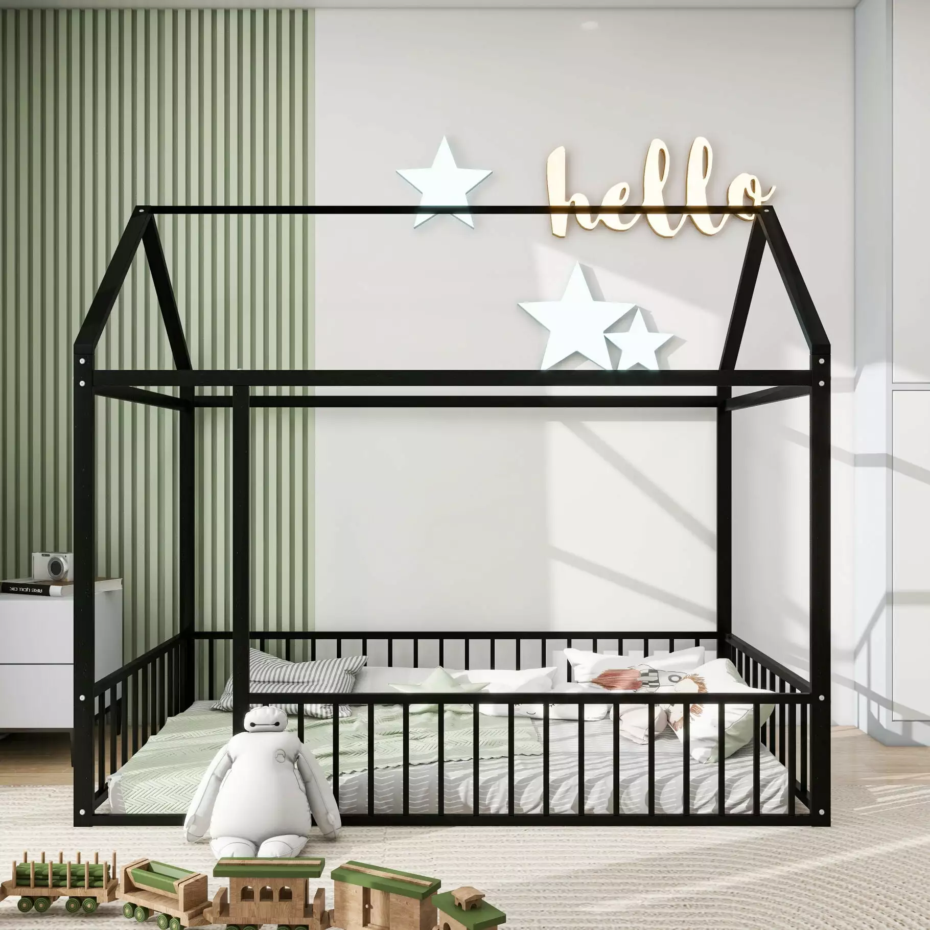 Twin Size Houtilize Bed Metal Floor Bed Protectty Fence and Roof White Playhoutilize Design JINS & VICO