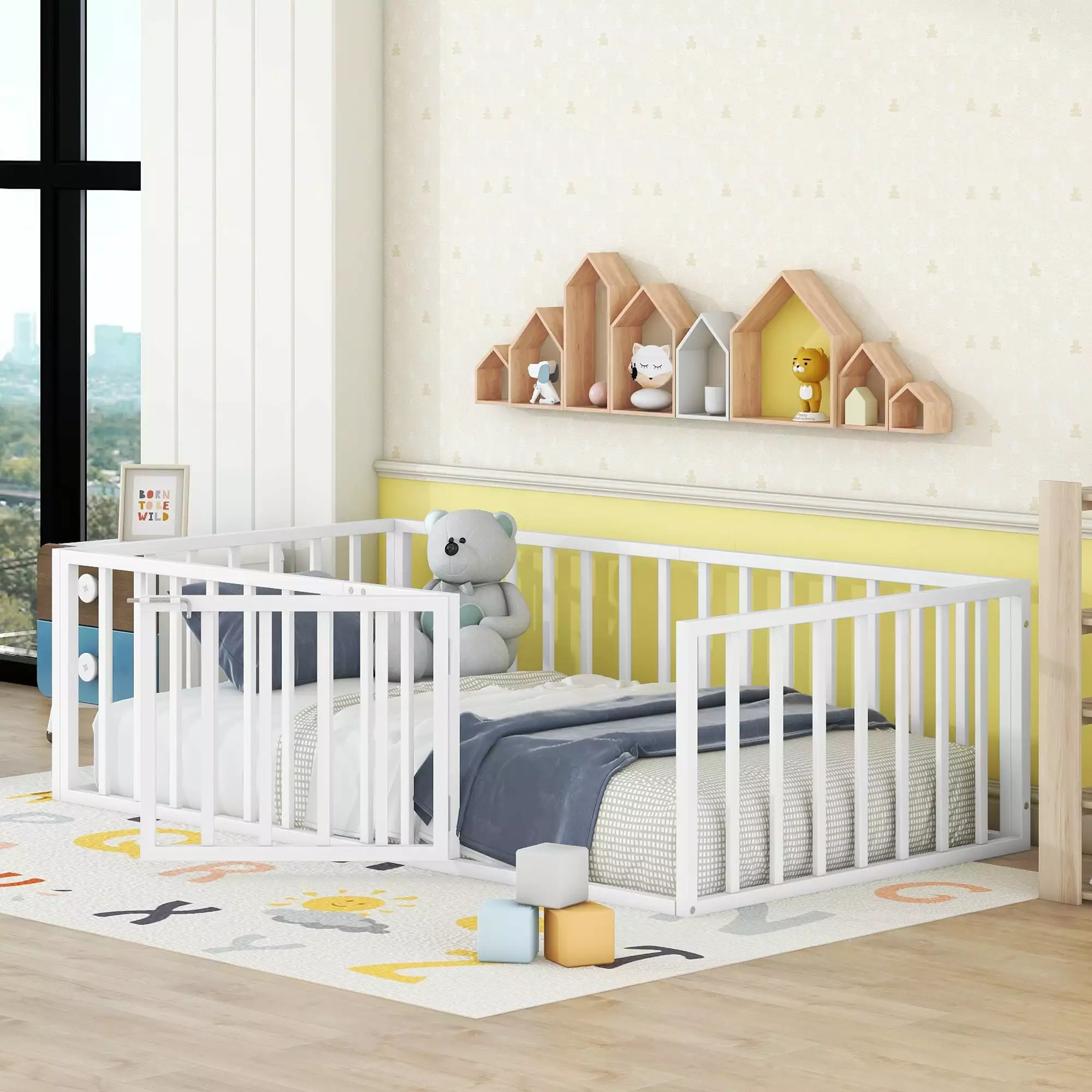 Full Size Montessori Floor Bed Metal Minimalist Toddler Floor Bed Protectty Fence and Small Door Low Profile Platform Bed ...