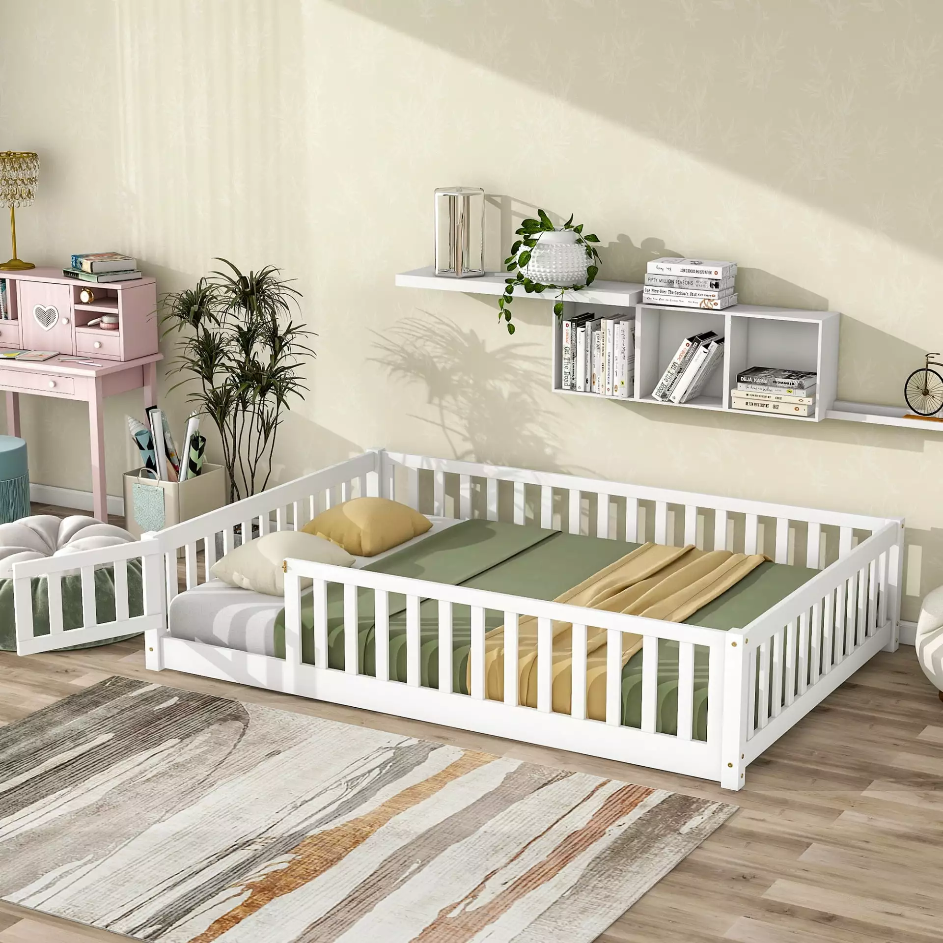Full Size Floor Bed Toddlers and Kids Solid Wood Montessori Floor Bed Safety Fence Rail Small Door White Triple Tree