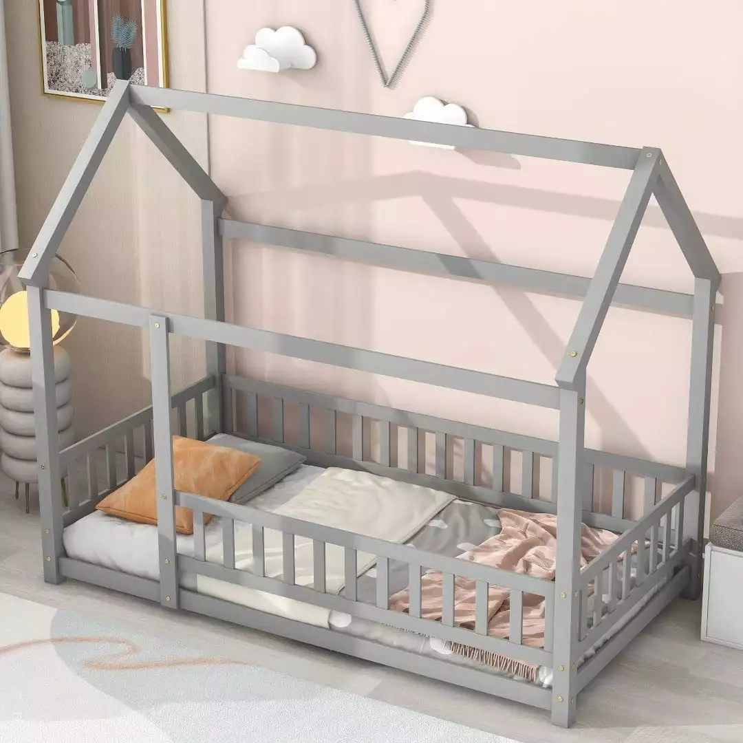 Twin Size Floor Bed Frame Kids Montessori Bed Houtilize Roof and Fence Gray Triple Tree