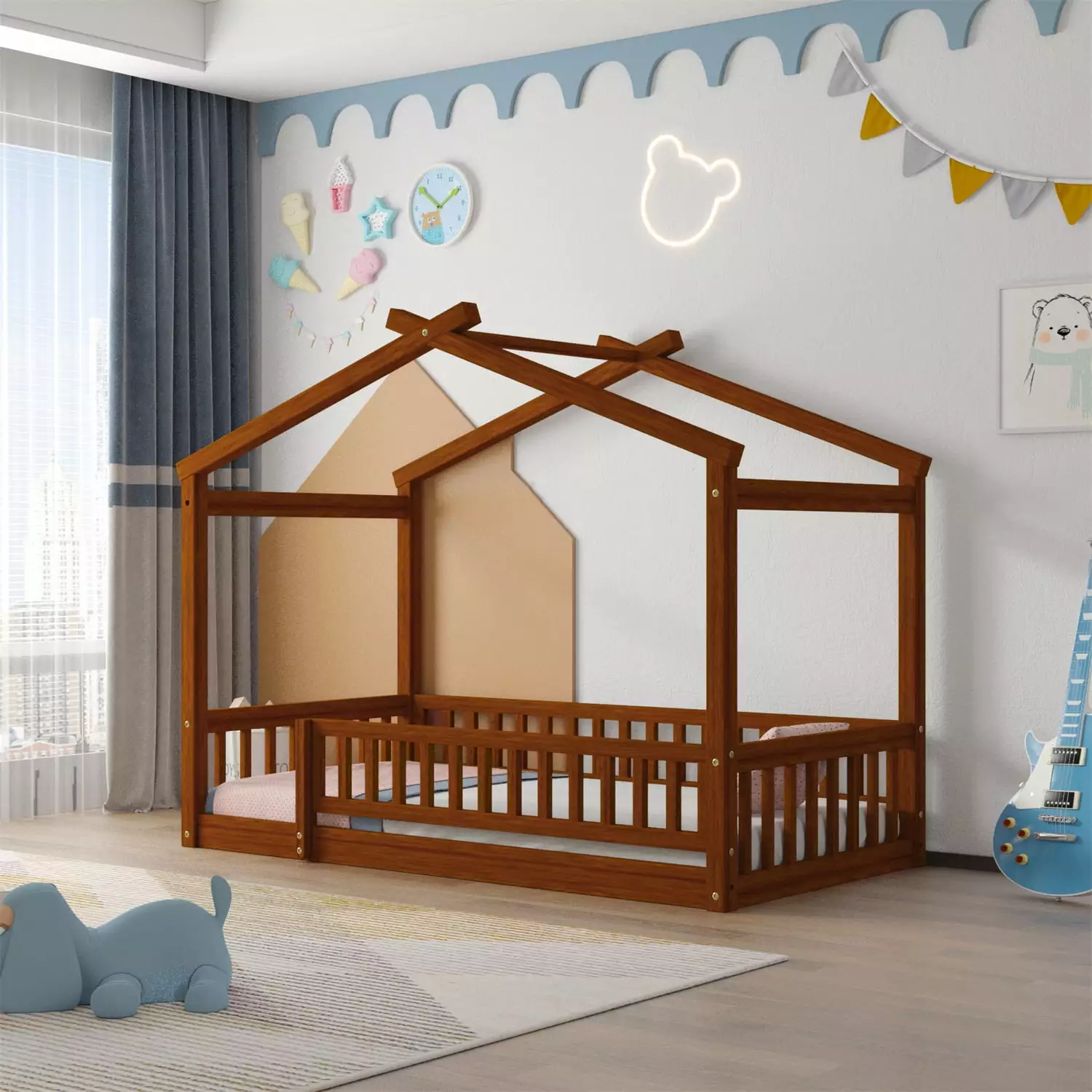 Twin Size Floor Bed Frame Roof Solid Wood Montessori Bed Fence Guardrails Kids Boys Girls Triple Tree