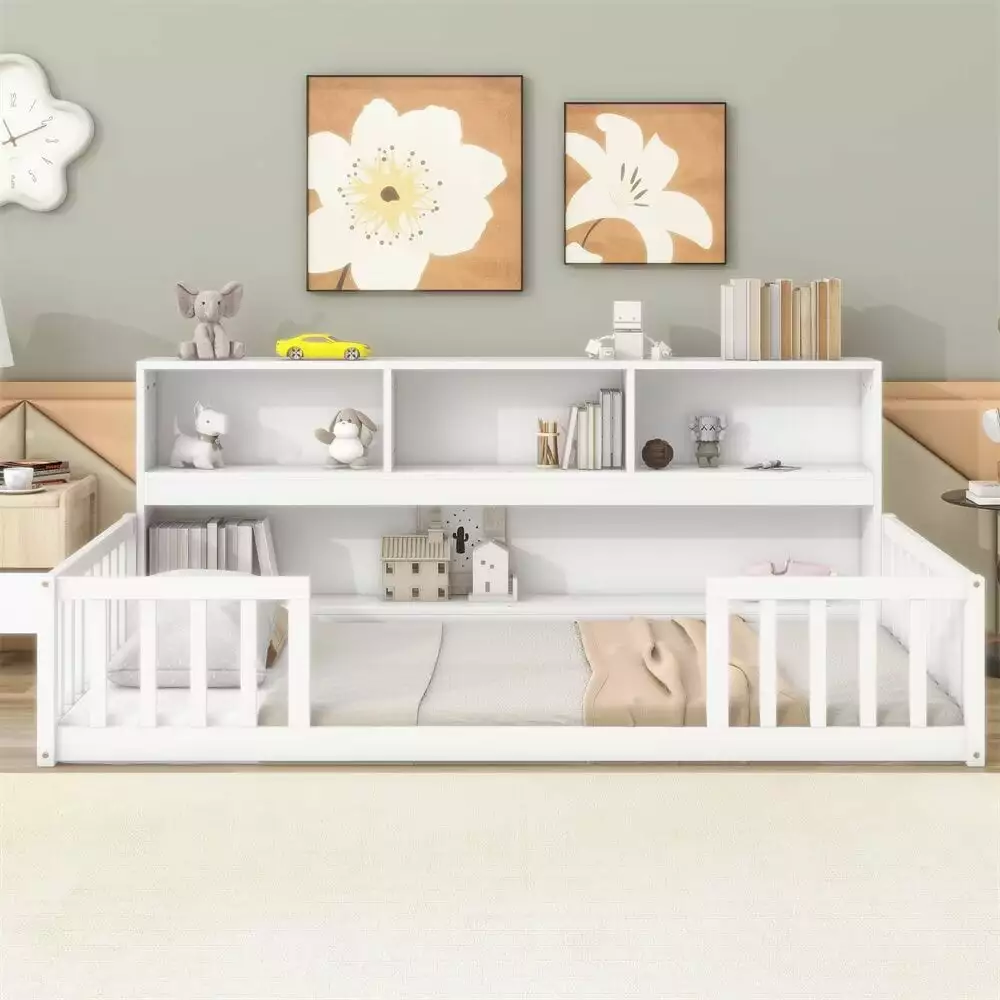 Twin Size Floor Bed Kids Wooden Montessori Bed Bookcase Shelves and Guardrails Space-Saving Triple Tree