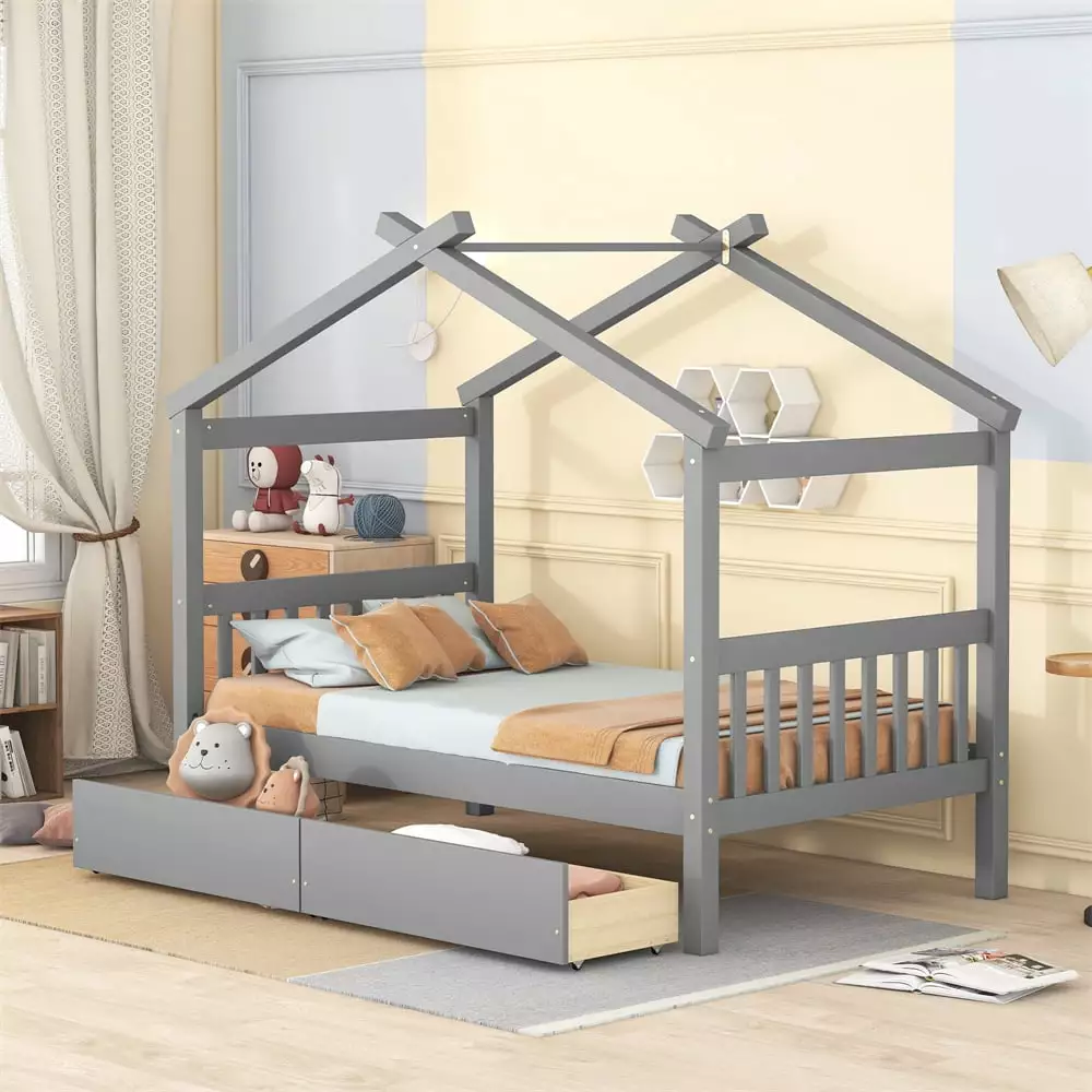 Twin Size Houtilize Bed Kids 2 Drawers Montessori Floor Bed Frame Gray Triple Tree
