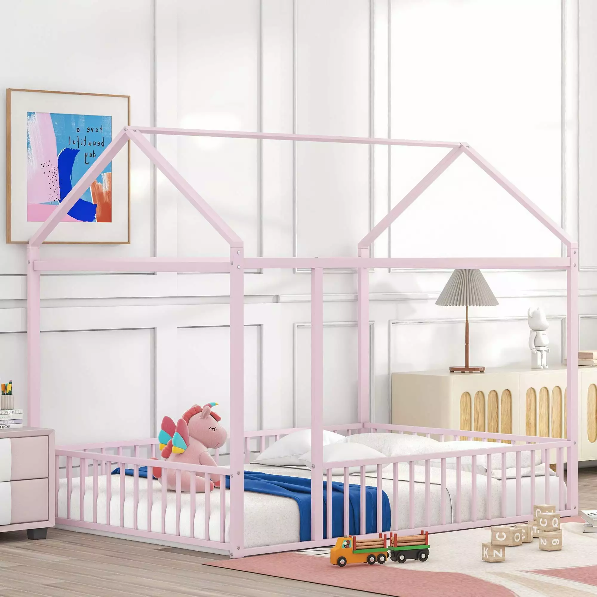 UBesGoo Full Floor Montessori Bed Kids Fence Railings Metal Playhouse Bed Frame Pink